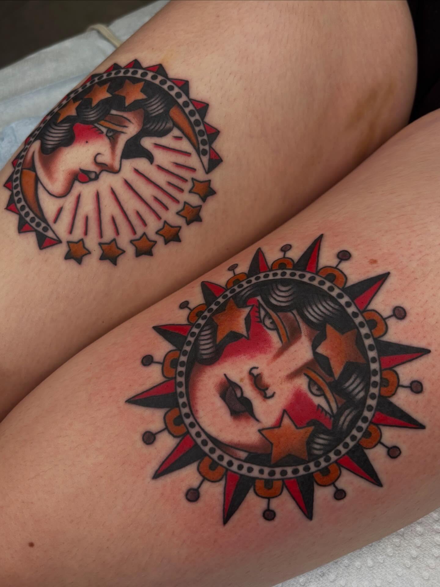 Sun and moon American traditional tattoo on the thigh by Claire Anderson