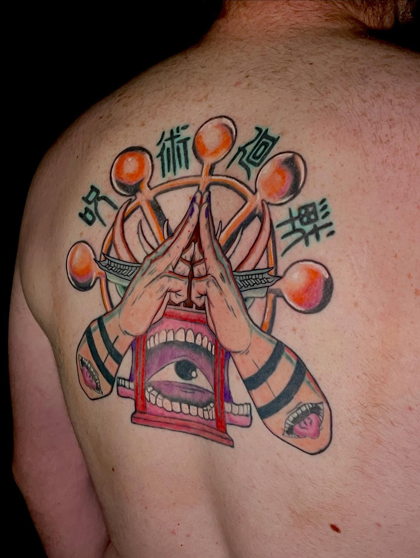 Hands and eyes surrealism tattoo on the back by ๐ท๐ซKevan๐๐ท