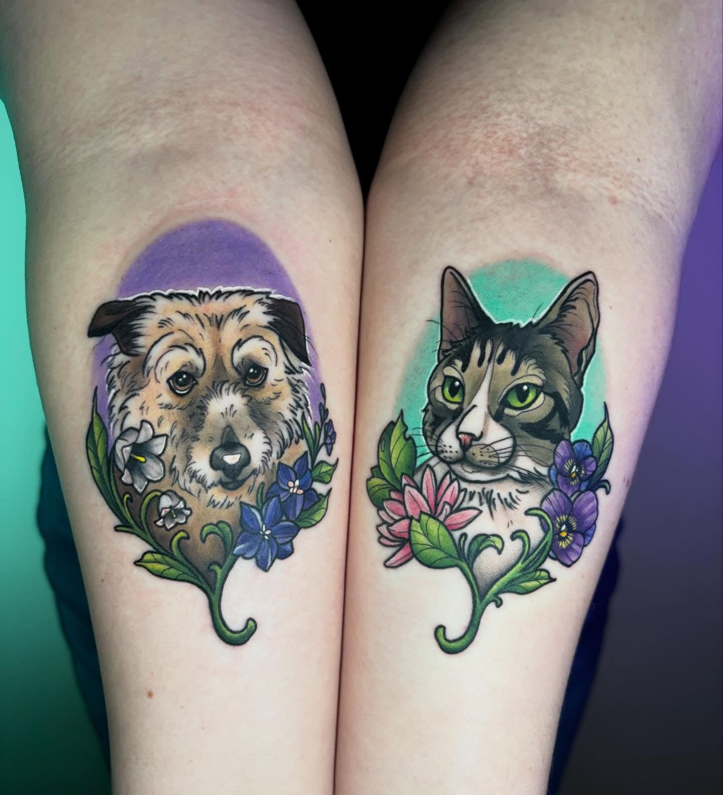 Dog and cat realism tattoo on the thigh by Chelsey Moore, Albuquerque, New Mexico