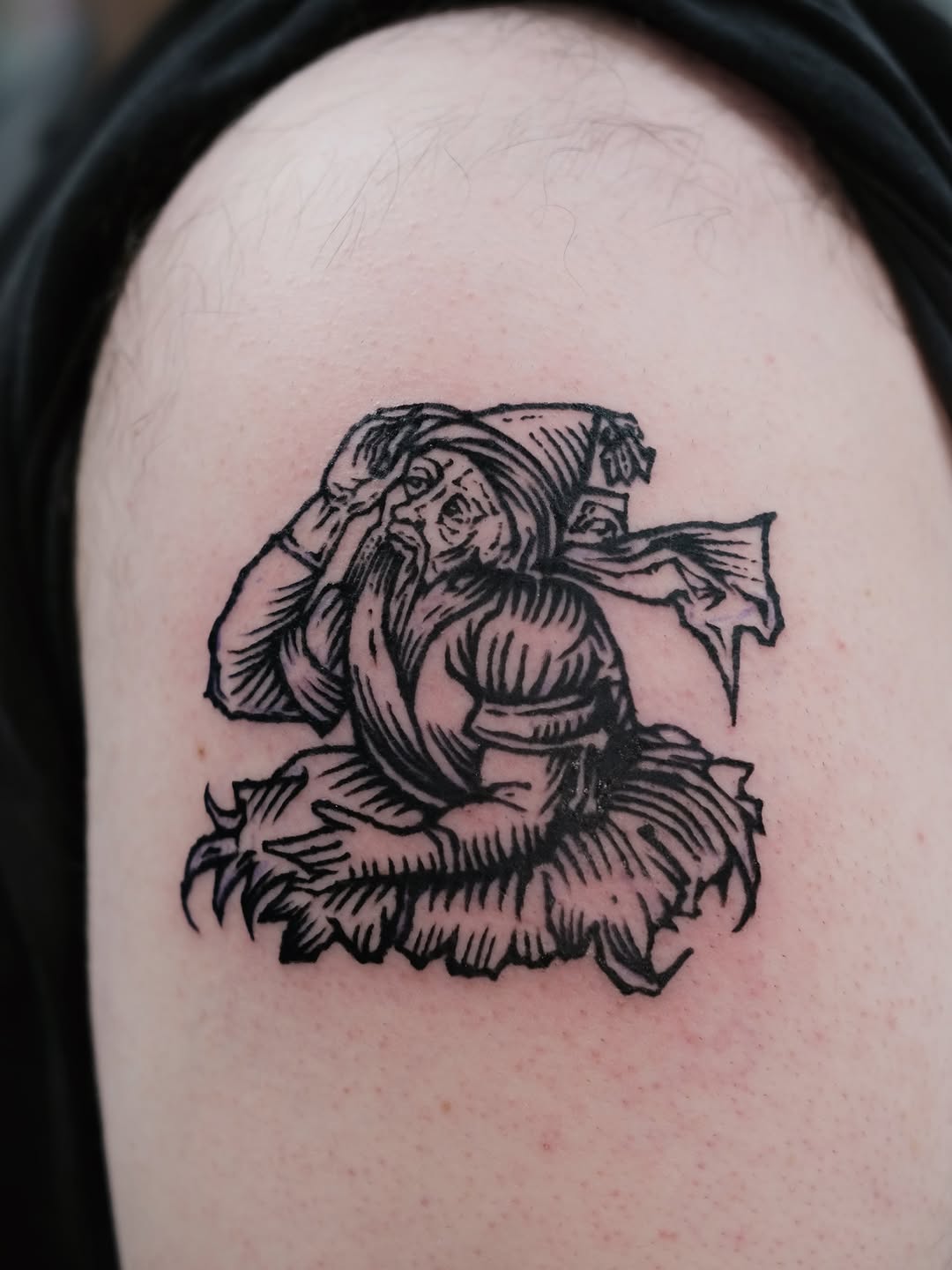 Tattoo by @florawoodcut — illustrative, blackwork
