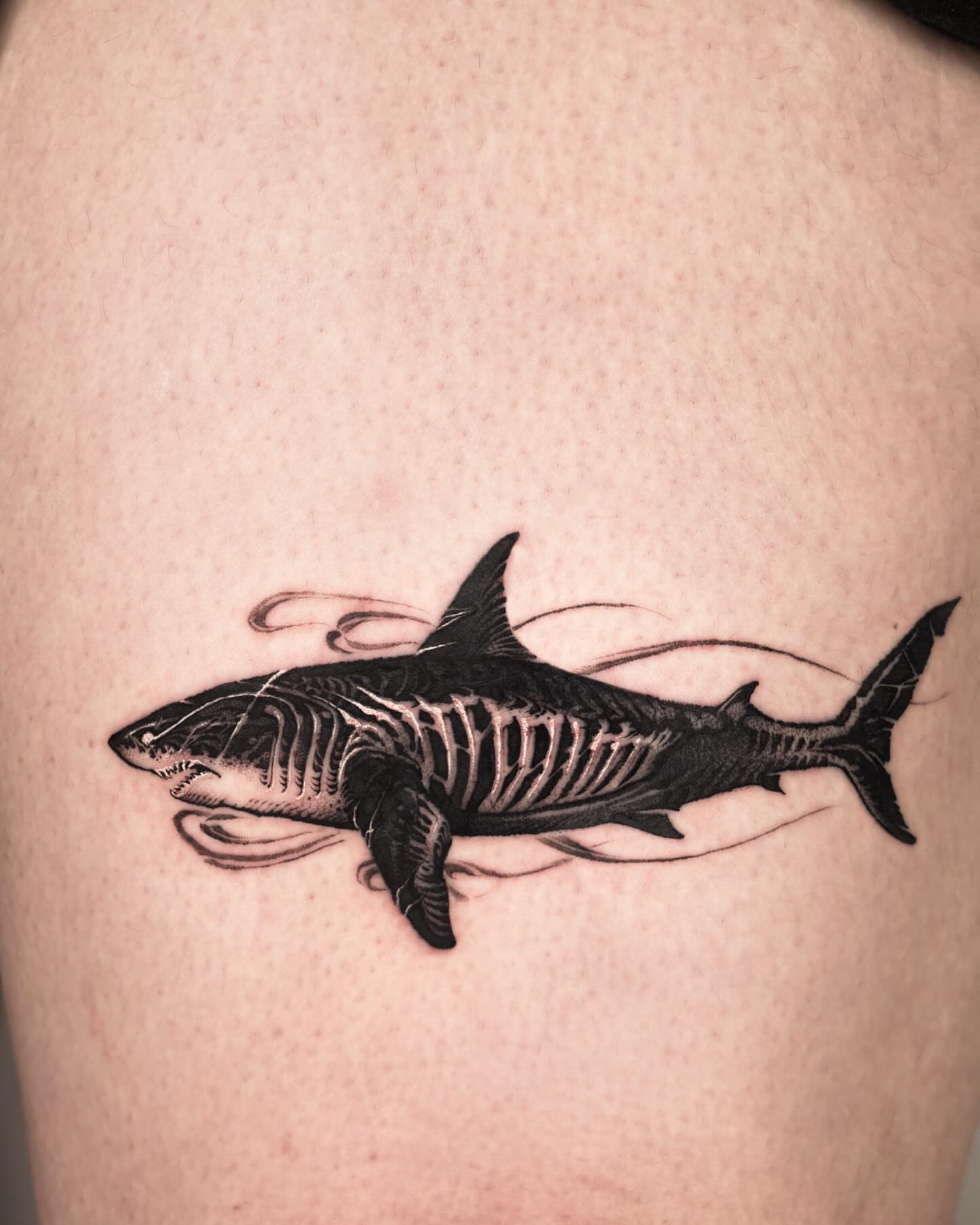 Shark skeleton realism tattoo on the thigh by 우레