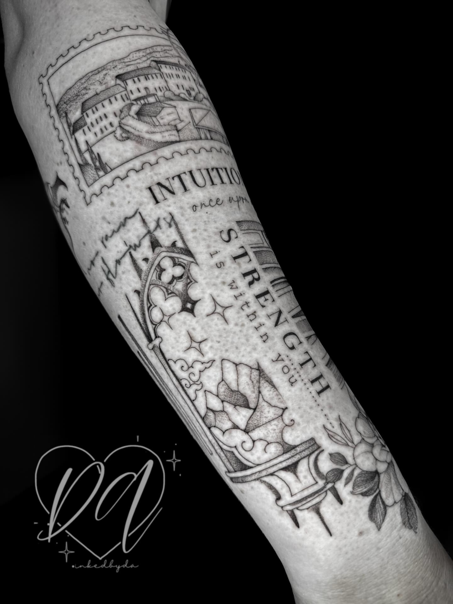 Intuition strength dotwork tattoo on the forearm by Dalton Alexandria