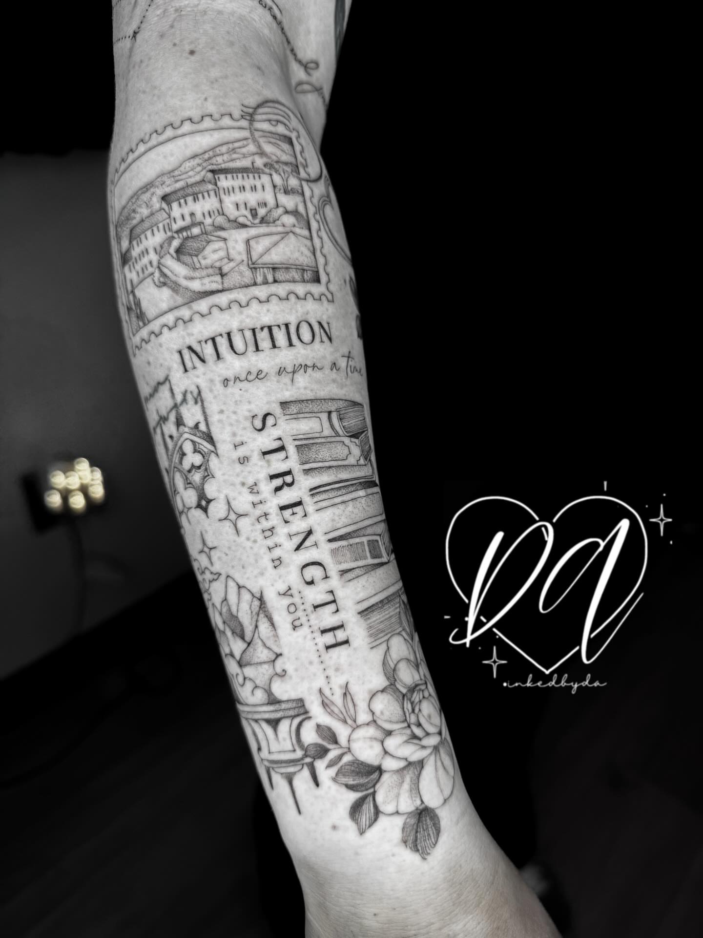 Intuition strength black and grey tattoo on the forearm by Dalton Alexandria