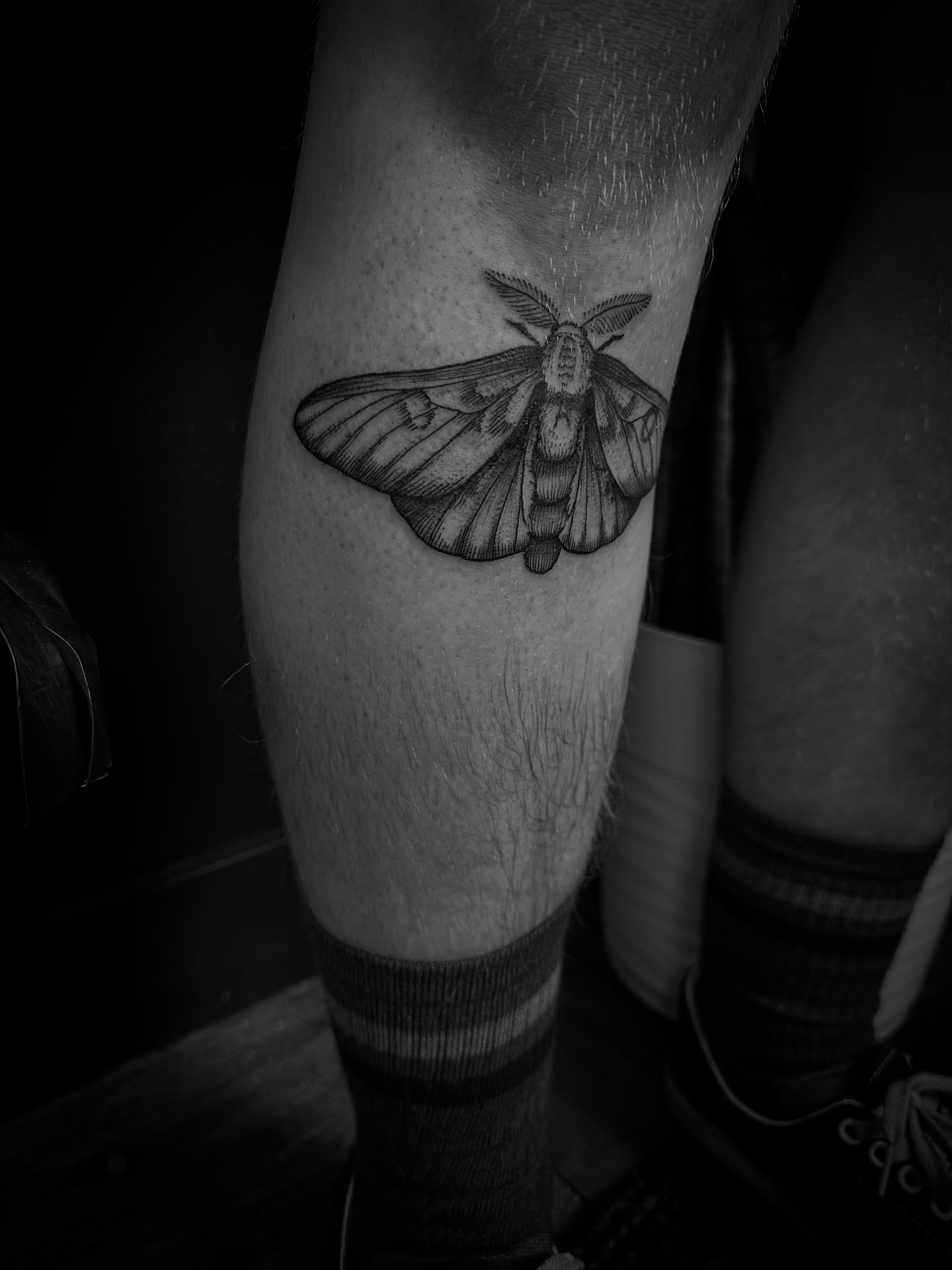 Moth black and grey tattoo on the forearm by Desireé Keys, Midvale, Utah