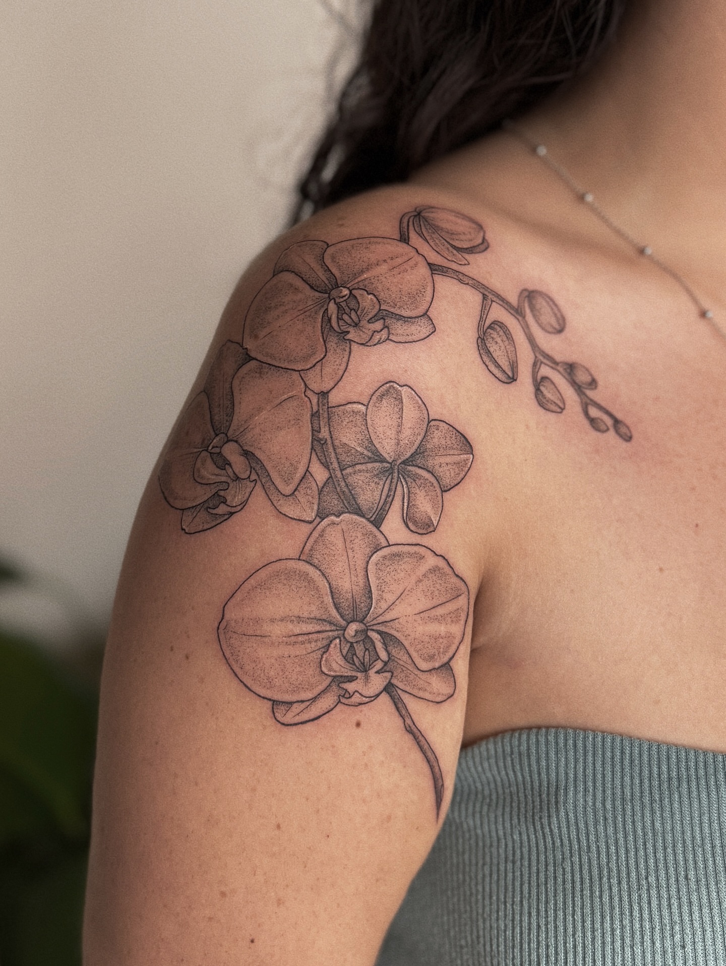 Orchid black and grey tattoo on the shoulder by 𝕵𝖊𝖘𝖘𝖎𝖈𝖆 𝕰𝖑 (raleigh tattoo artist)