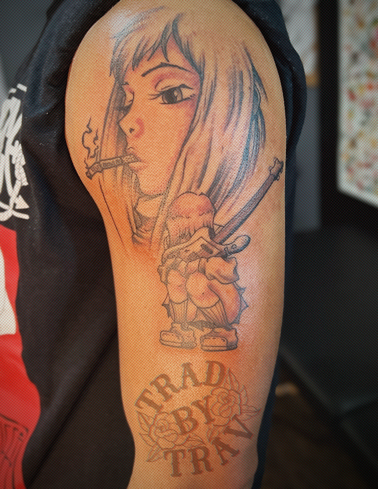 Anime character American traditional tattoo on the forearm by Travis B