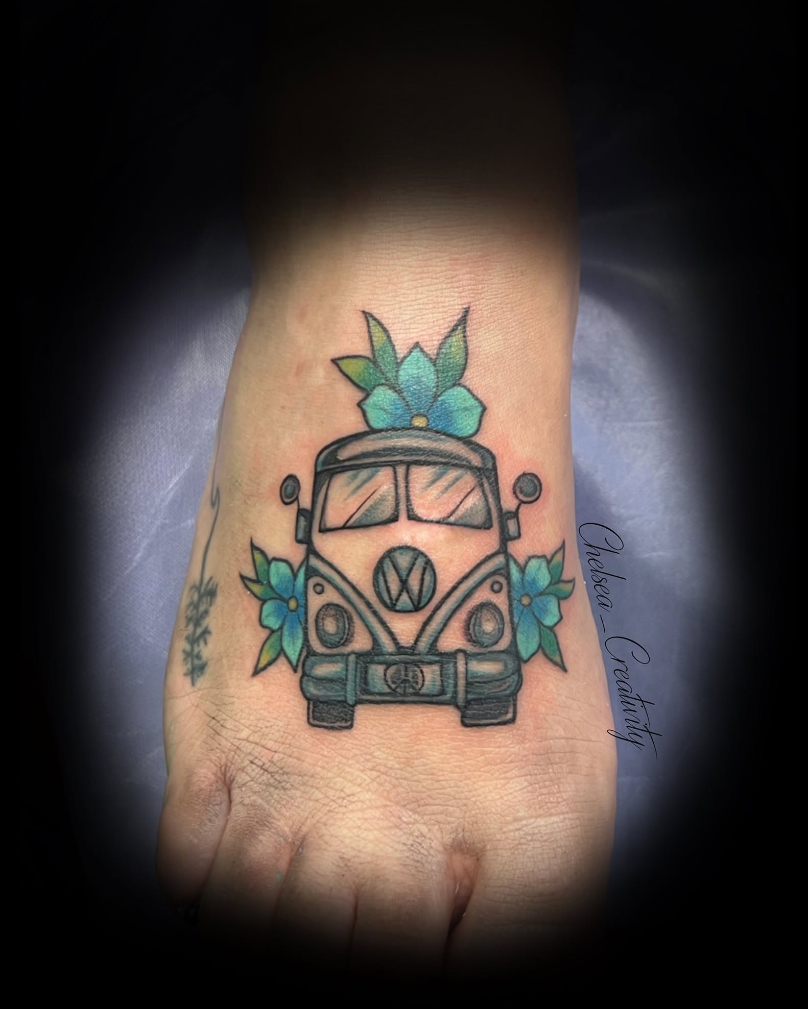 Vintage VW bus new school tattoo on the foot by Chelsea Nichole