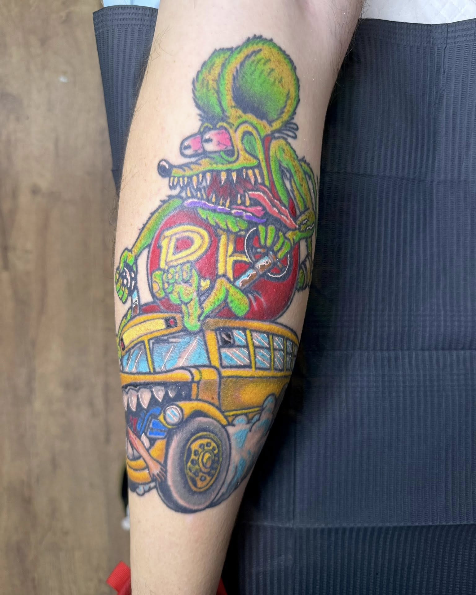 Monster bus American traditional tattoo on the forearm by Corey Bailey, Stanton, Kentucky