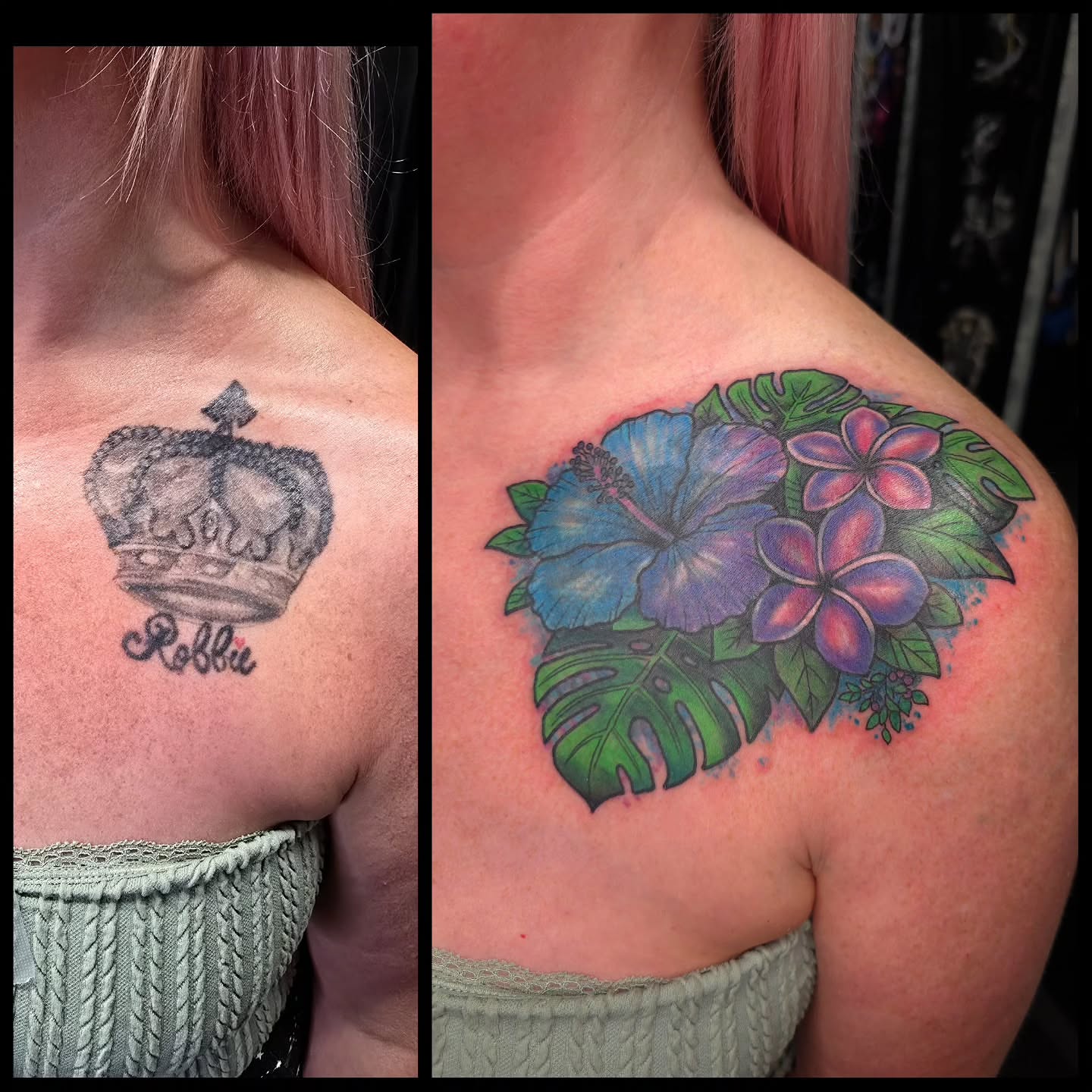 Hawaiian flowers new school tattoo on the shoulder by Ian Duncanson