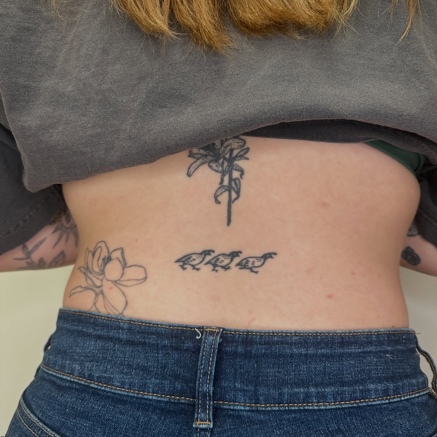 Flower and birds black and grey tattoo on the torso by paulina