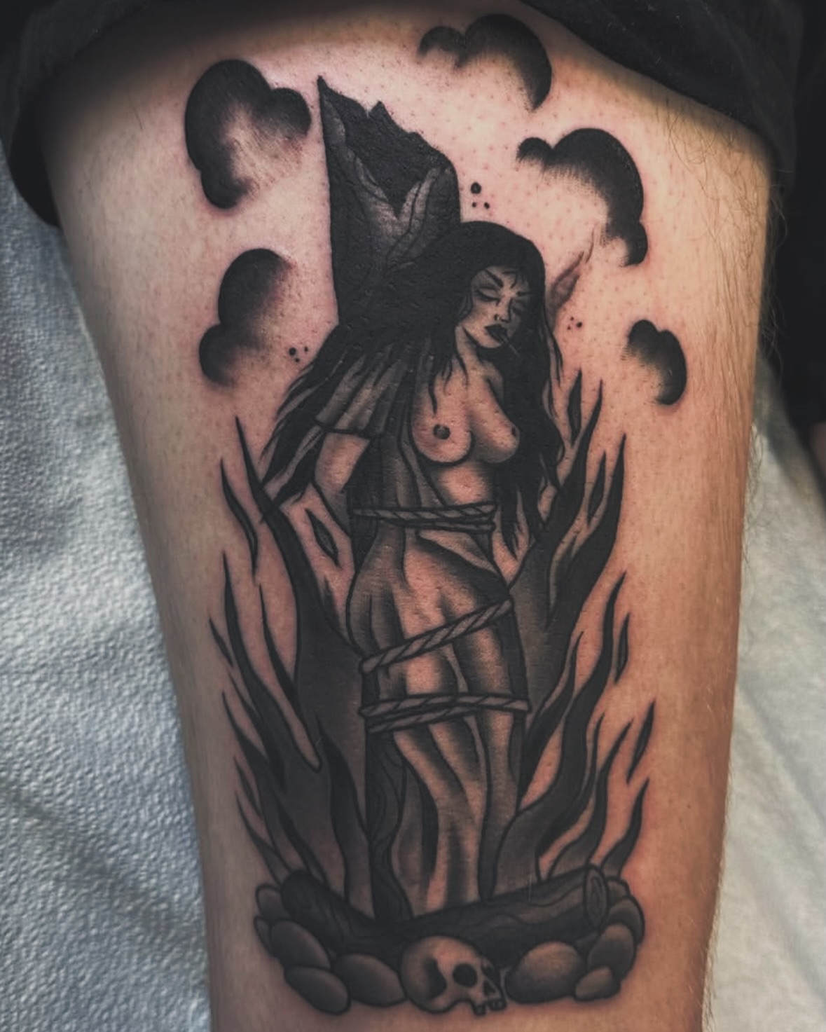 Tattoo by @sydneybeetattoos — black_and_grey, dark_realism
