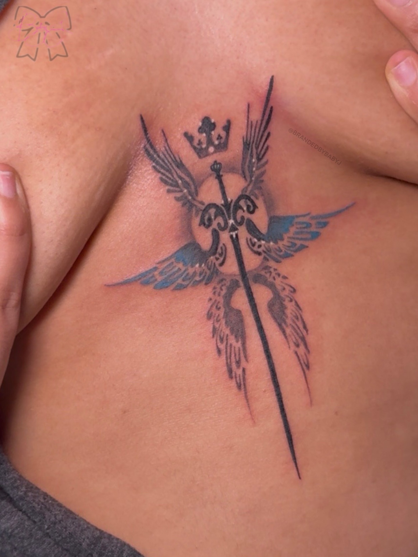 Sword with wings black and grey tattoo on the chest by 𝔹𝔸𝔹𝕐 𝕁 ♡, Cincinnati, Ohio