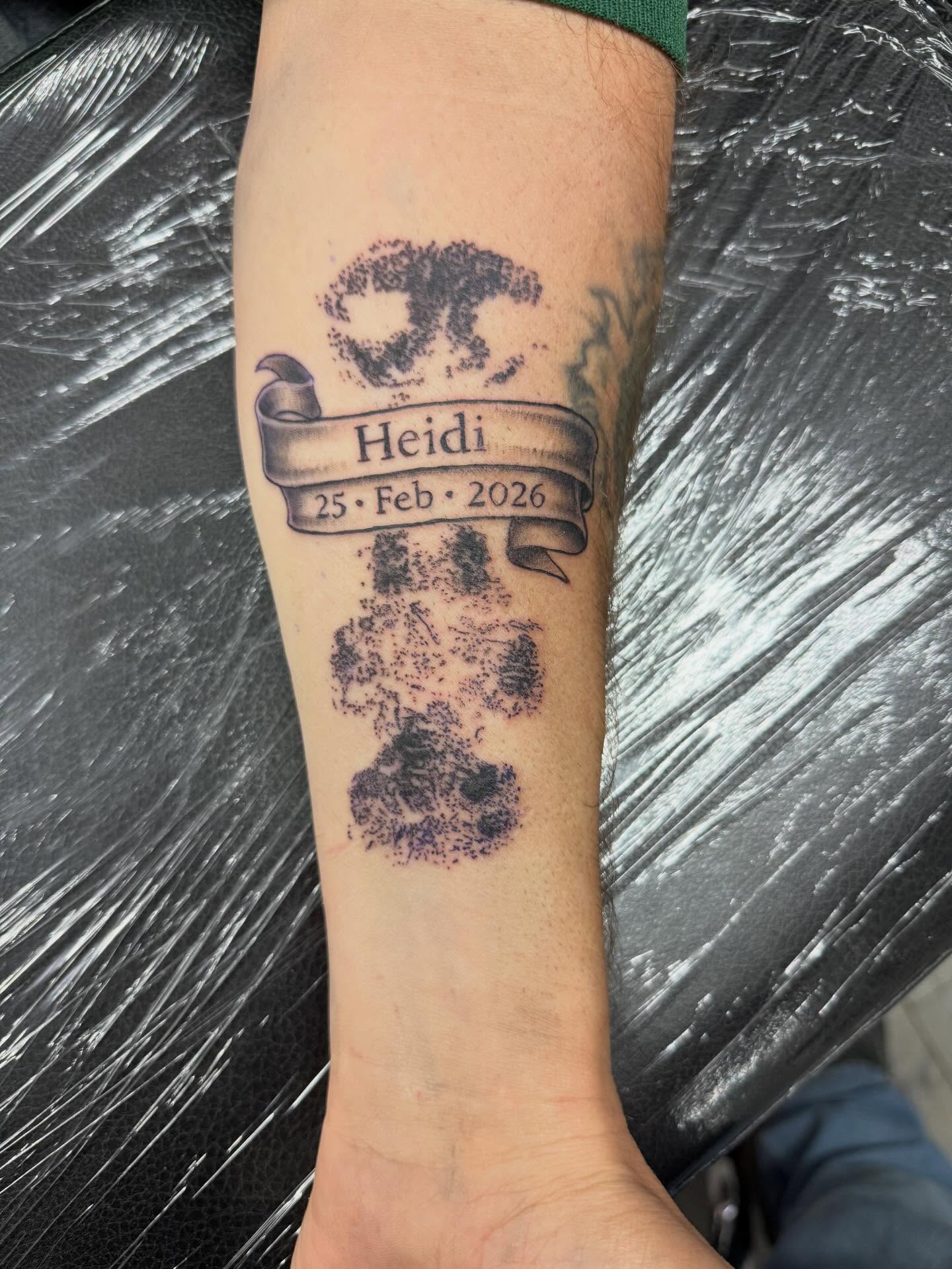 Heidi dotwork tattoo on the forearm by Daniel Smith