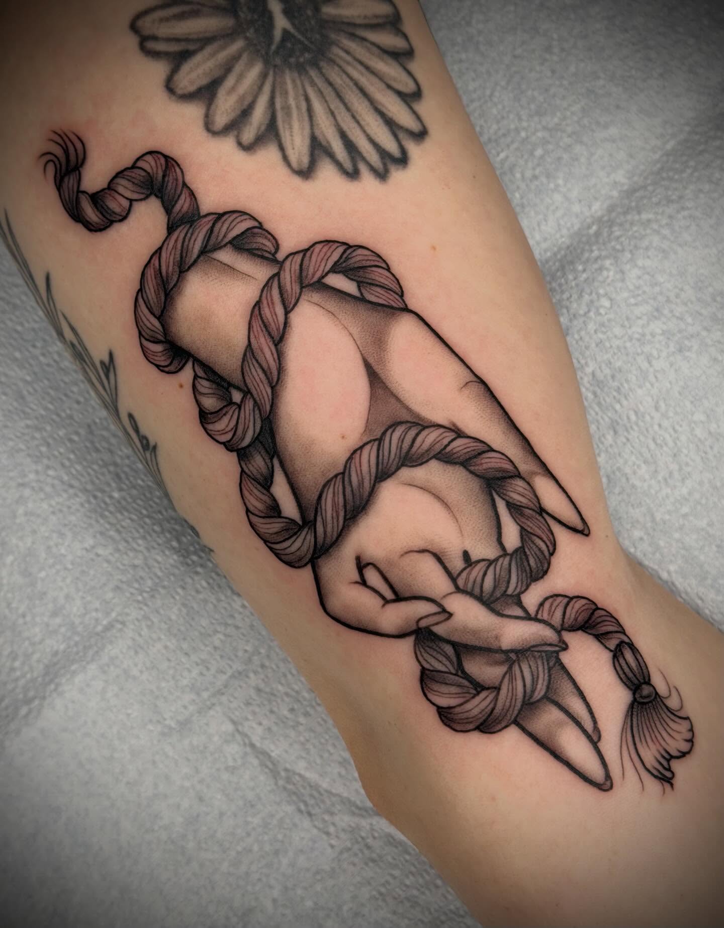Rope black and grey tattoo on the forearm by Beeker, Bellingham, Washington