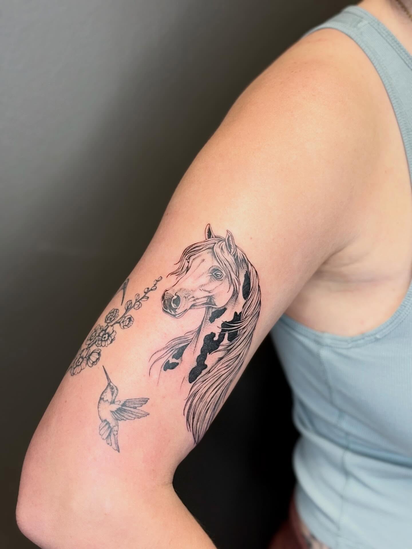 Horse and hummingbird realism tattoo on the forearm by 🖤Sidney🖤