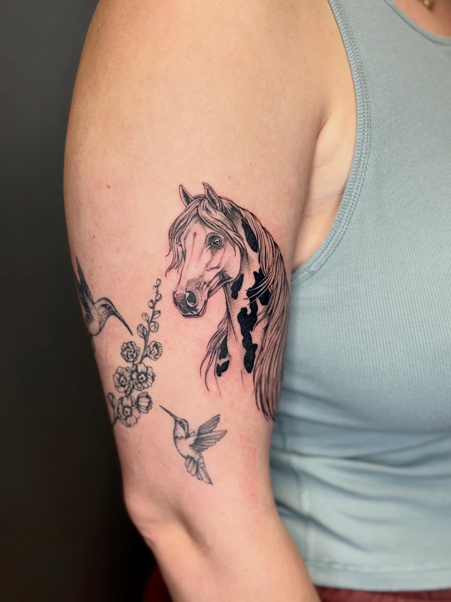 Horse and hummingbirds realism tattoo on the forearm by 🖤Sidney🖤