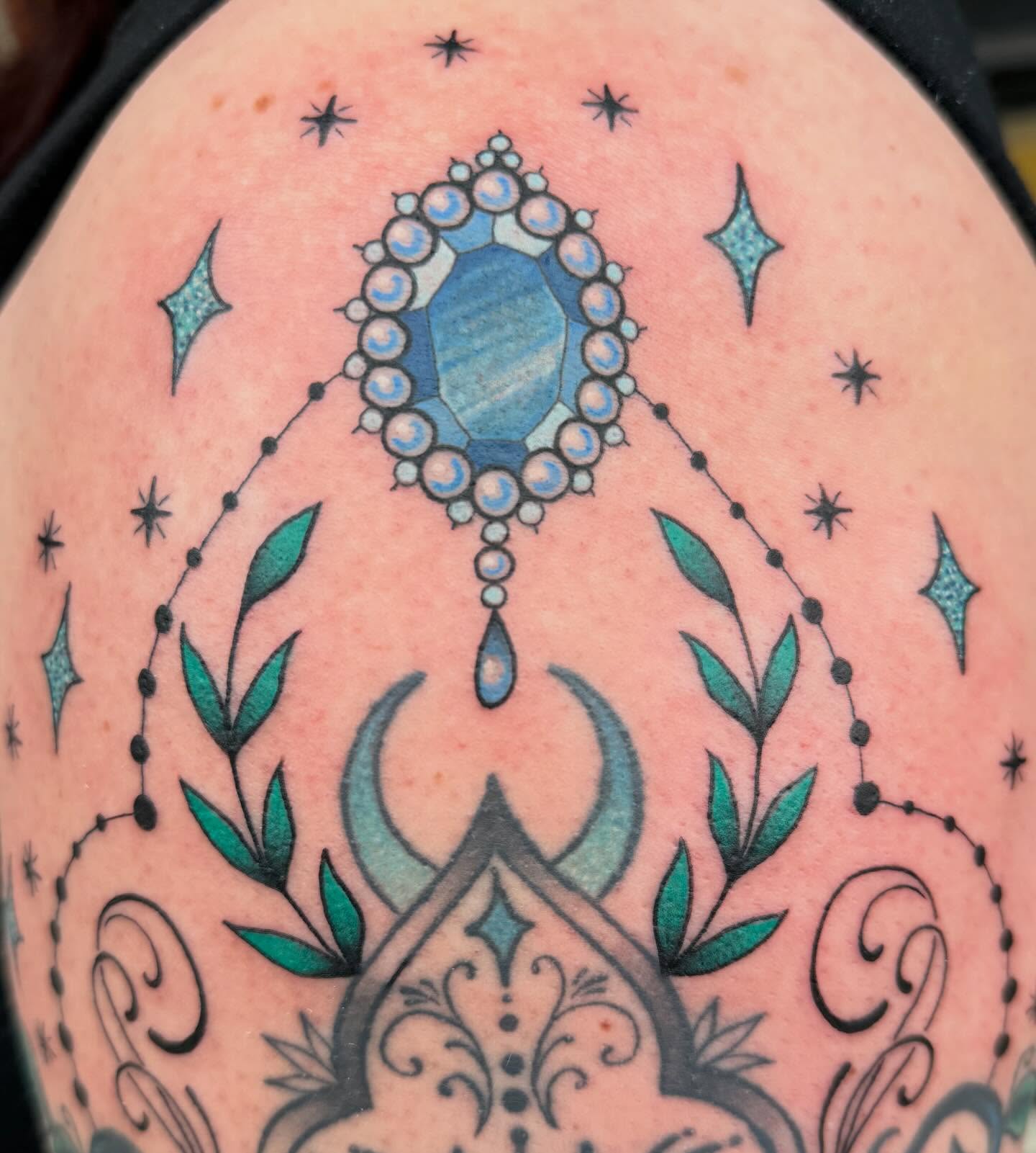 Gemstone and floral dotwork tattoo on the shoulder by Liz Glitz - Philadelphia Tattoo Artist