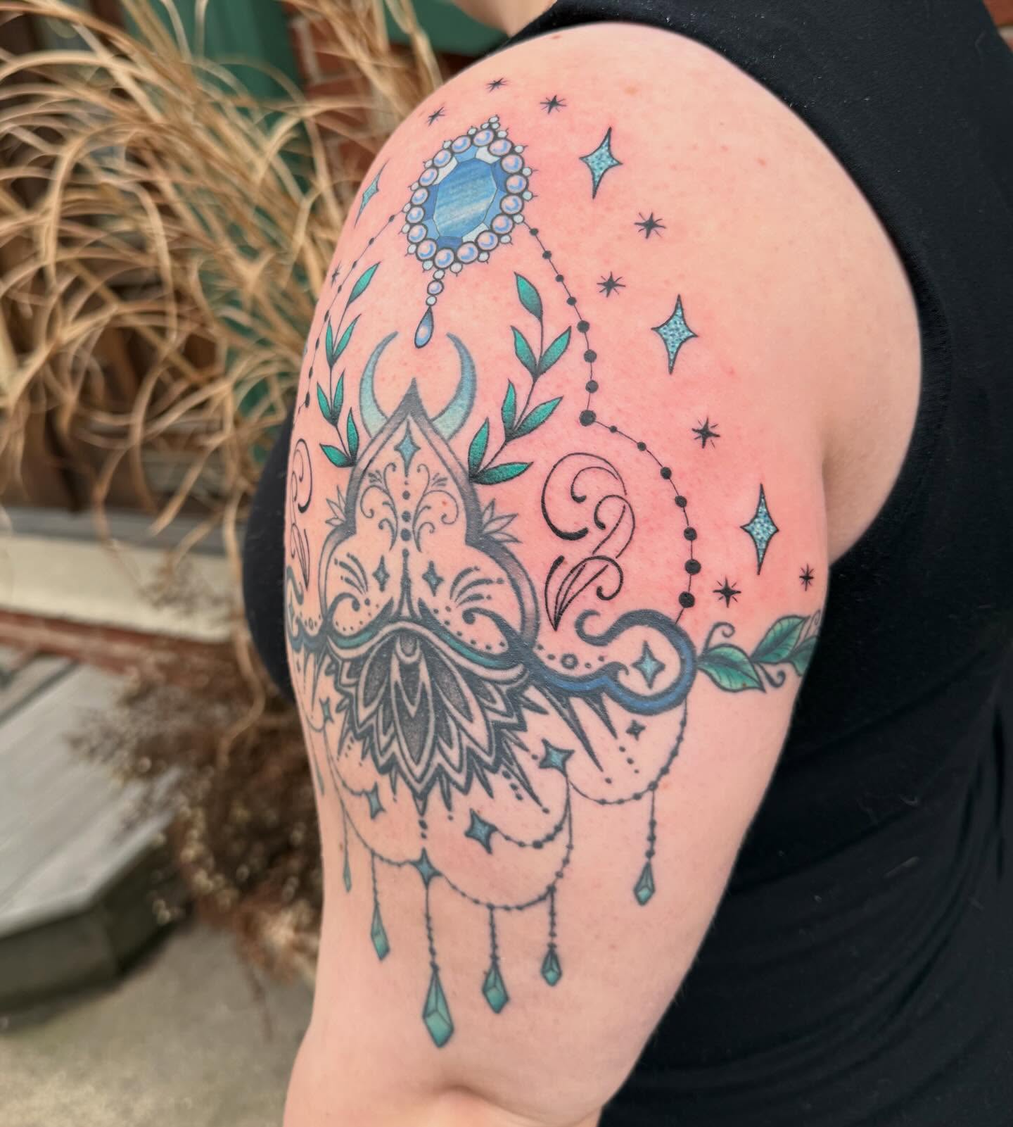 Mandala dotwork tattoo on the shoulder by Liz Glitz - Philadelphia Tattoo Artist
