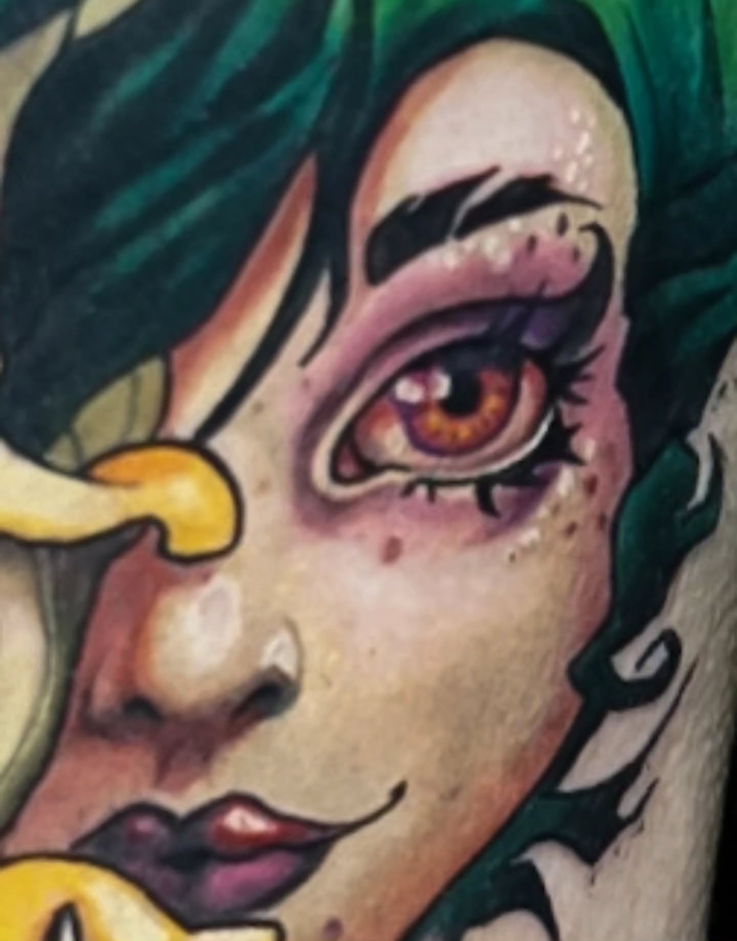 Woman with exaggerated features American traditional tattoo on the forearm by Bo