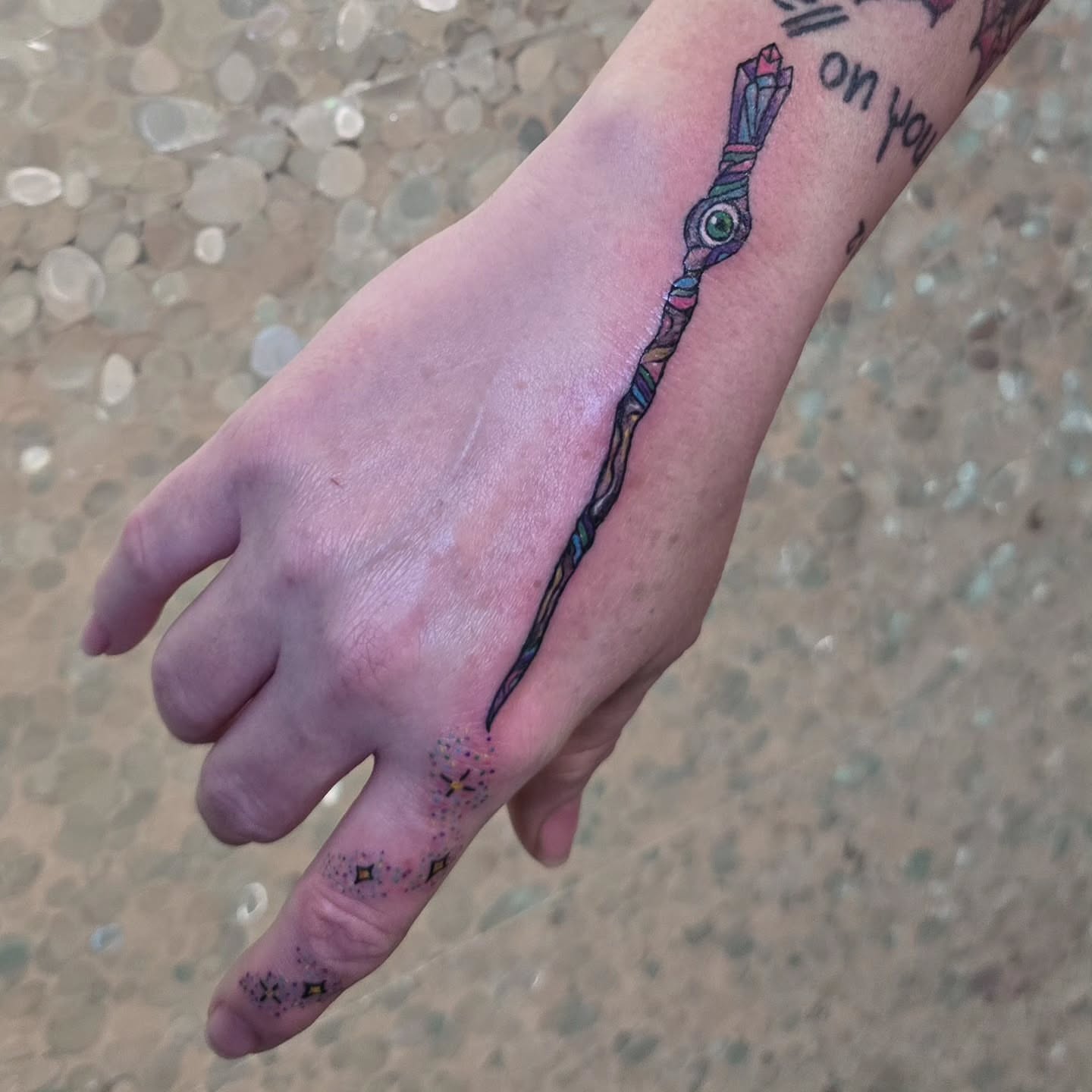 Magic wand dotwork tattoo on the hand by Hope 🌙, Cincinnati