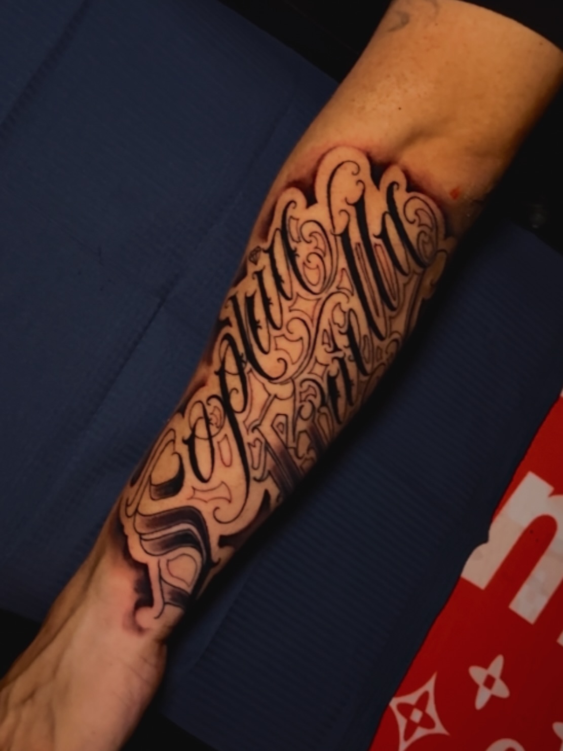 Script lettering lettering script tattoo on the forearm by Erick @ AZTEC_TATT