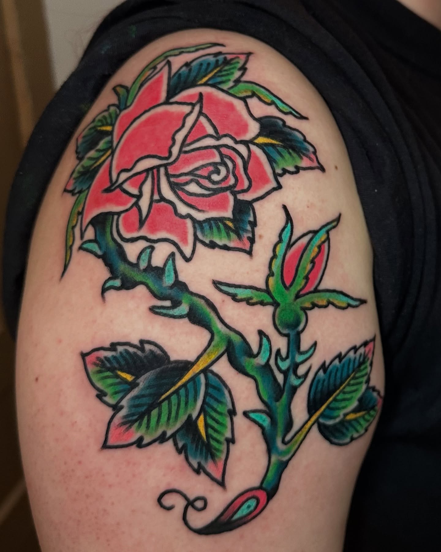 Rose American traditional tattoo on the shoulder by rachel knabe