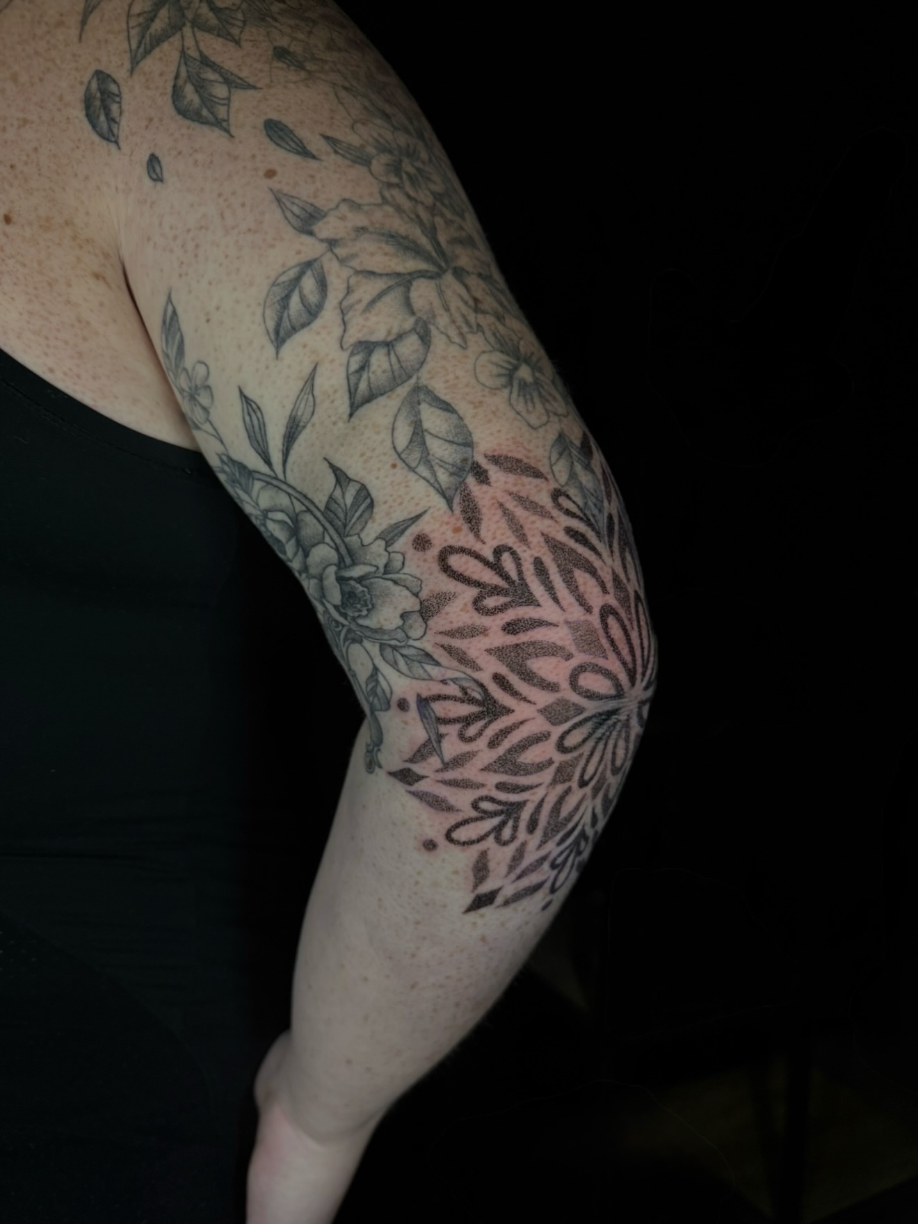 Floral mandala geometric tattoo on the upper arm by Alyssa Fazzino ⟡ CT Tattoo Artist, Rocky Hill, Connecticut