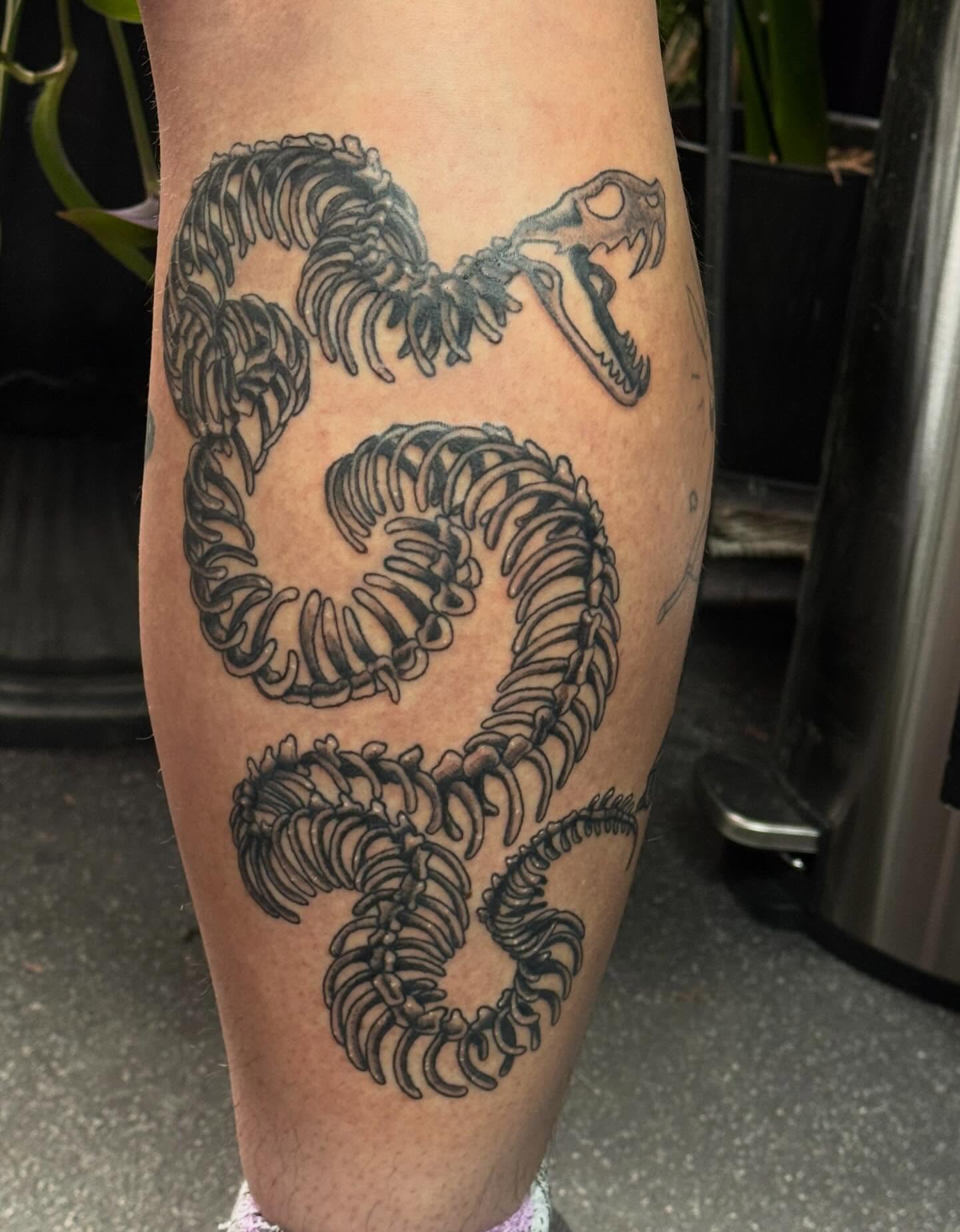 Snake skeleton black and grey tattoo on the forearm by 🌛 𐌀𐌋𐌄𐋄𐌉𐌔 🌜