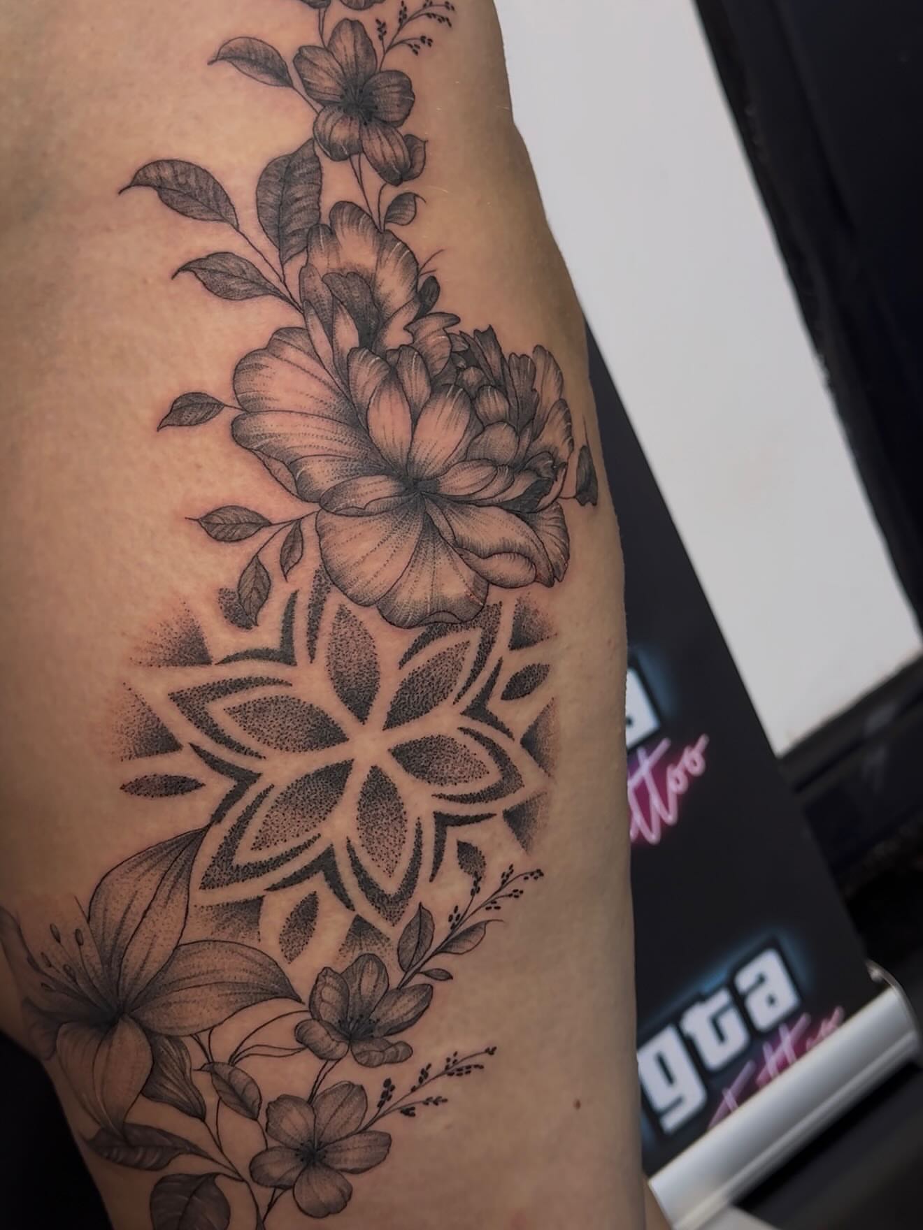 Tattoo by @tattsbykimbo — dotwork, black_and_grey