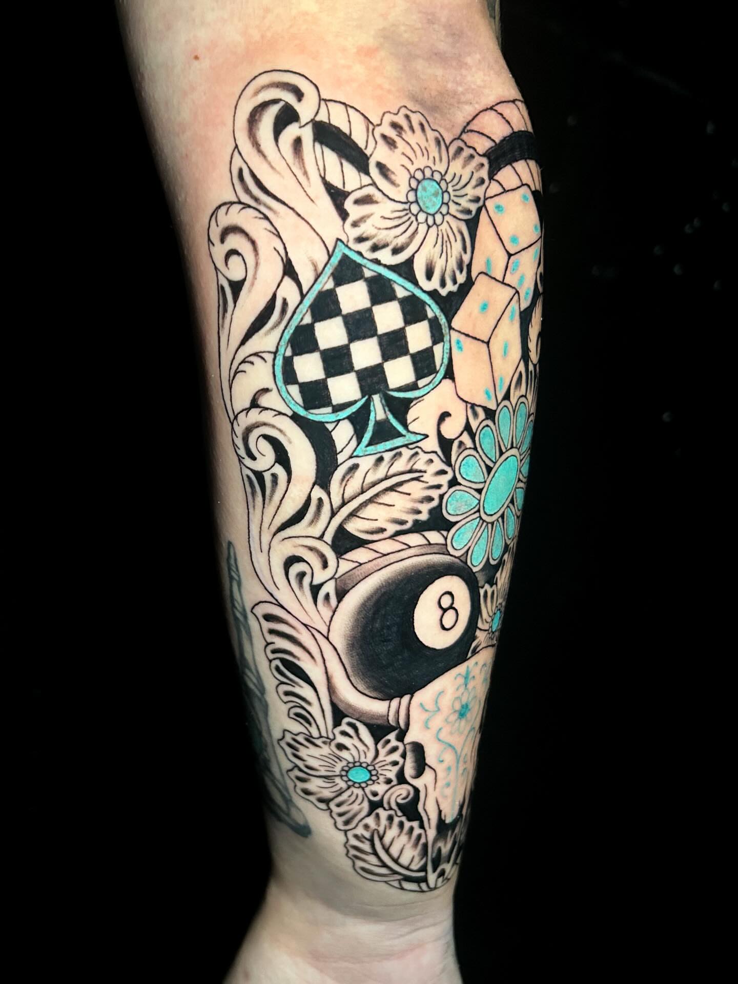 Billiards and floral American traditional tattoo on the forearm by Maia Pizarro