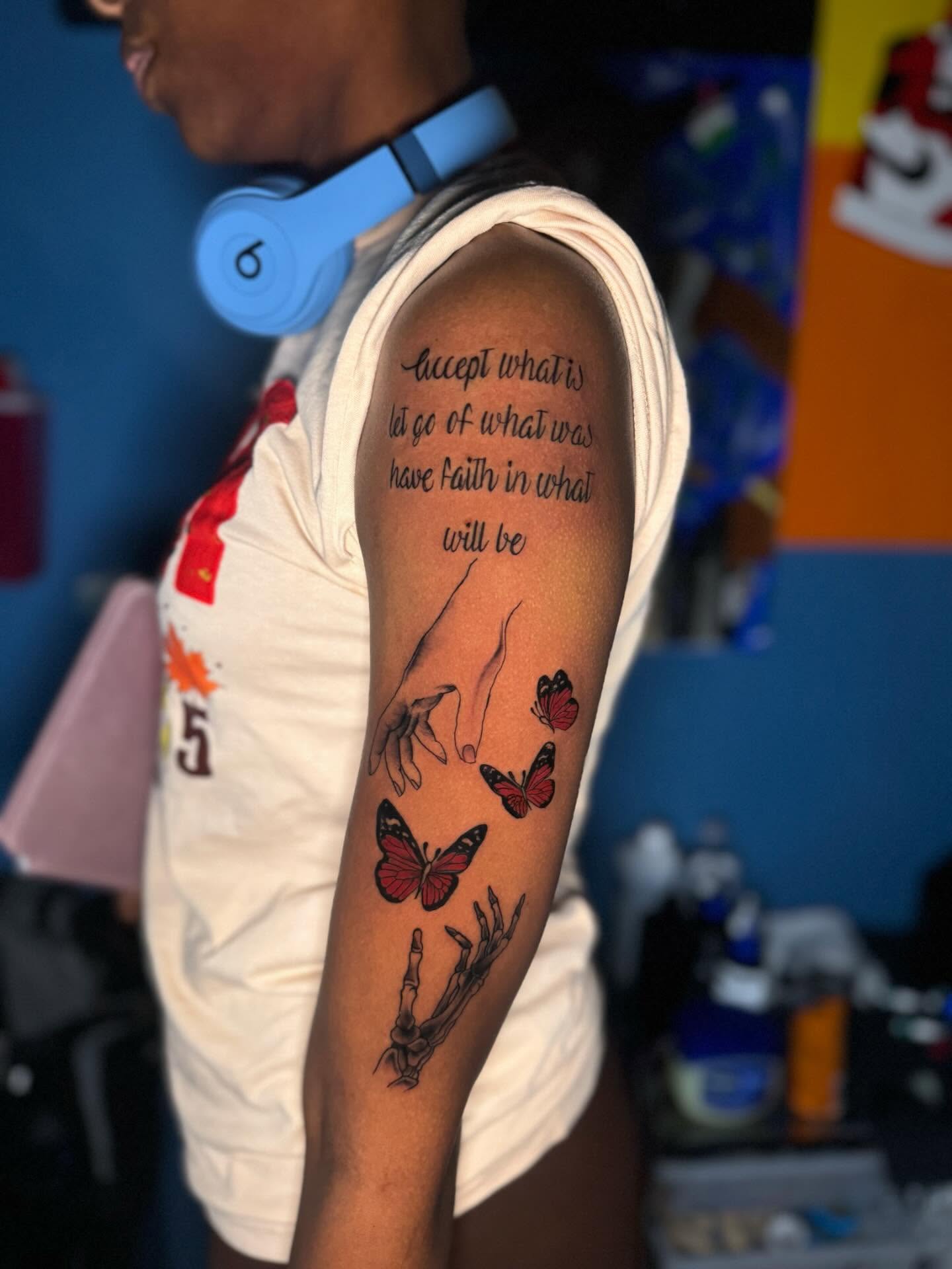 Motivational quote dotwork tattoo on the forearm by Dope