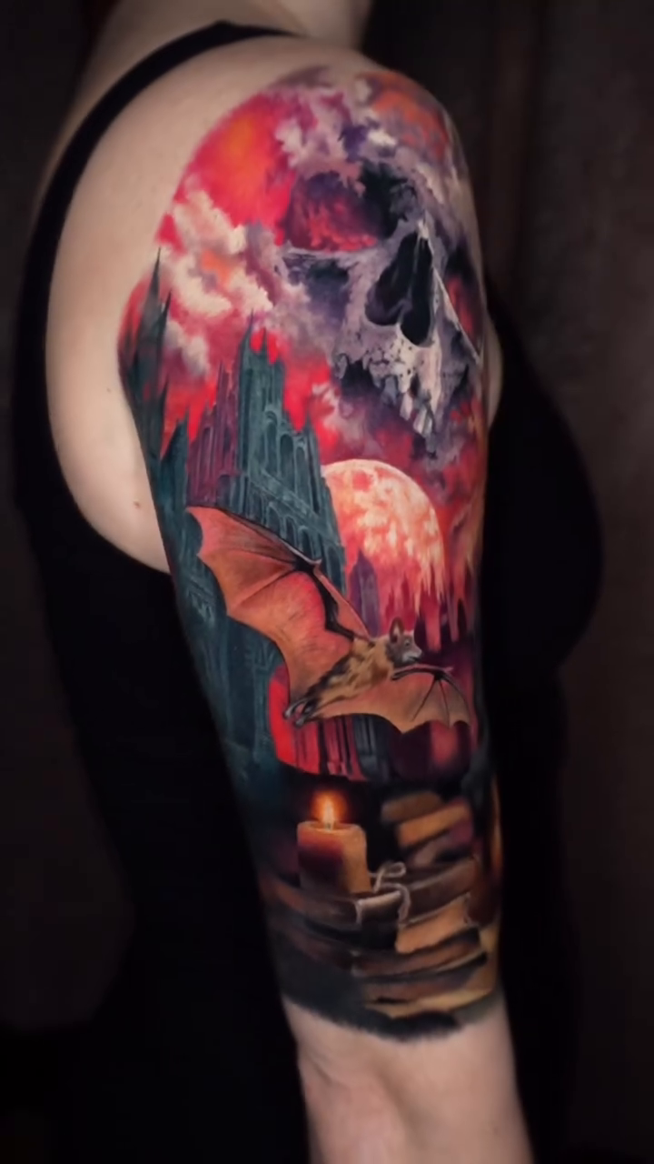 Skull with candles and books dark realism tattoo by color realism tattoos by gela✨