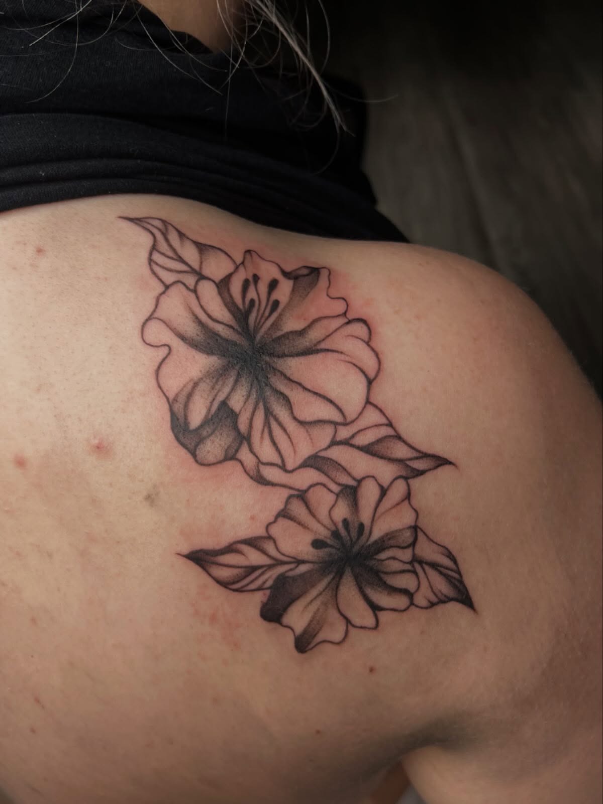 Hibiscus flowers black and grey tattoo on the shoulder by Haiiitattoo
