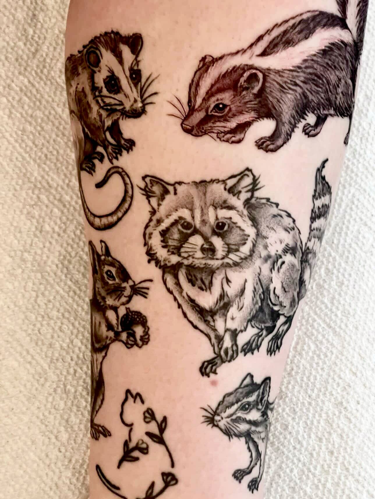 Forest animals black and grey tattoo on the forearm by Sam DiBiase