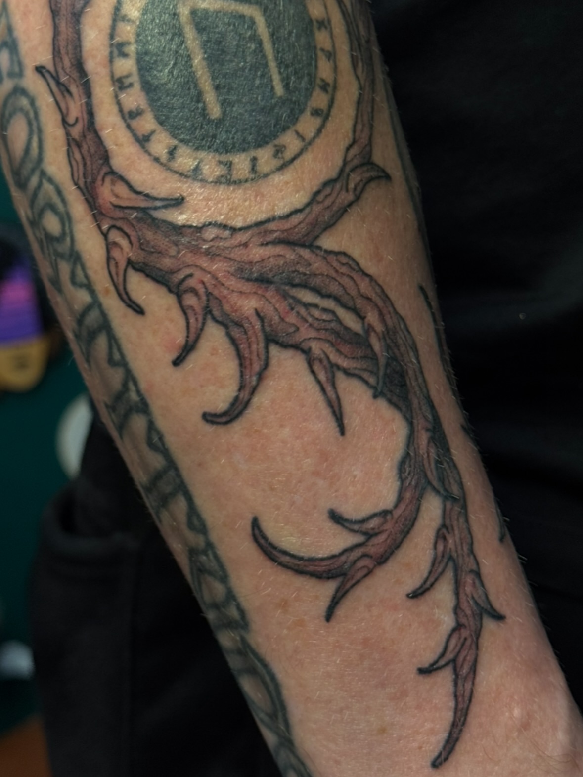 Dragon tribal tattoo on the forearm by jess jené jones, Portland, Oregon