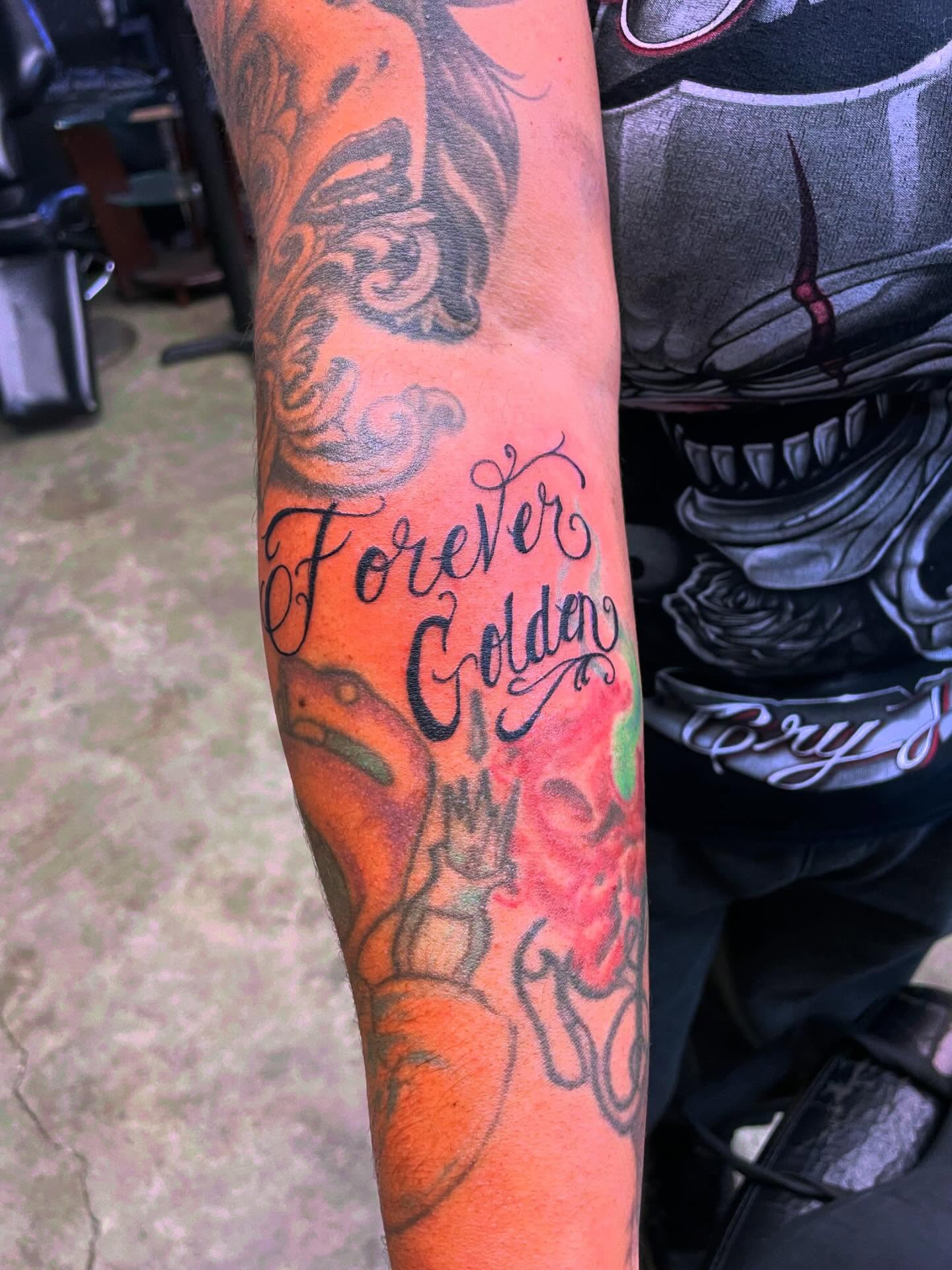 Tattoo by @forevergoldenstudios — lettering_script