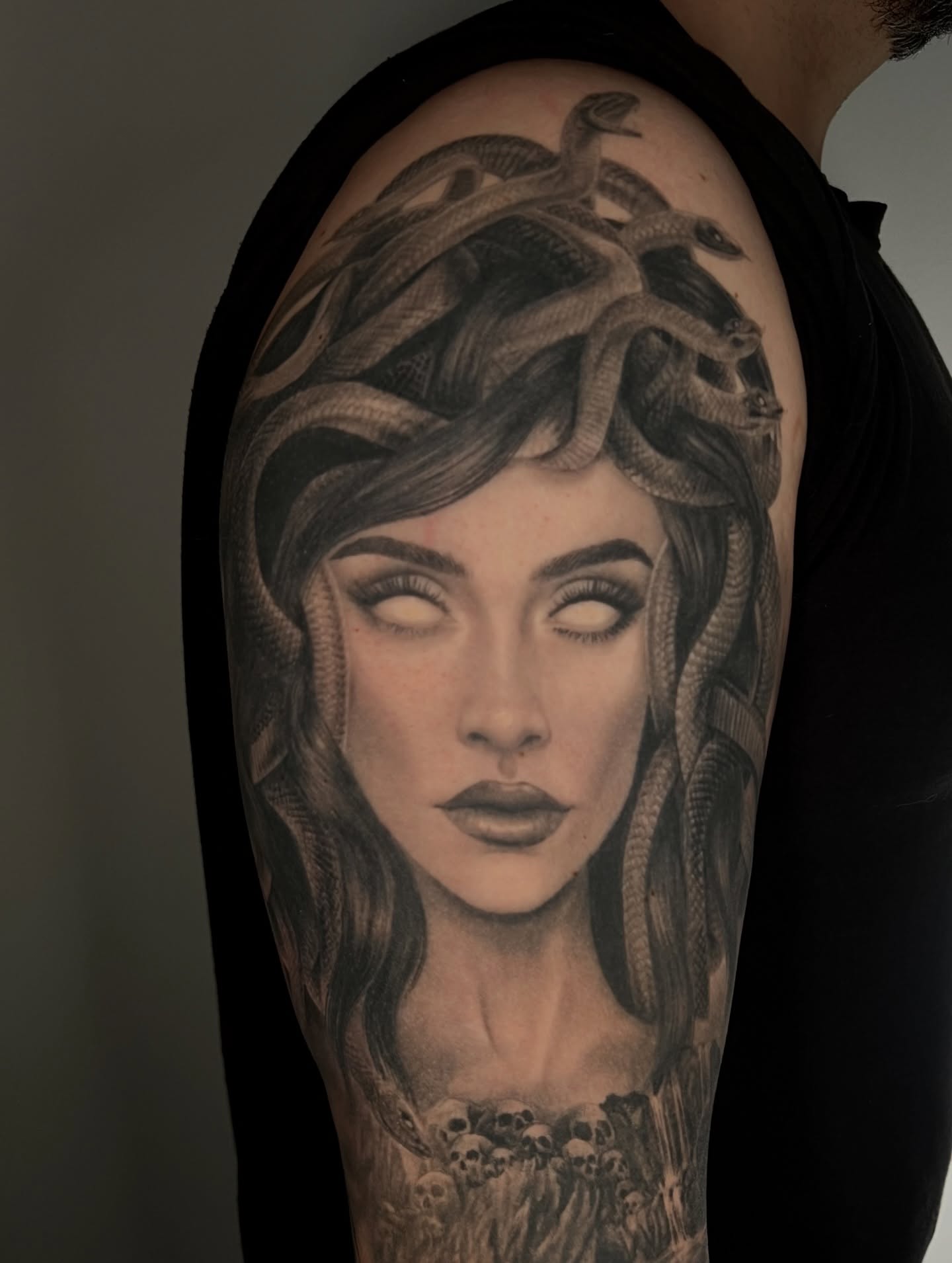 Medusa realism tattoo on the shoulder by Kitty