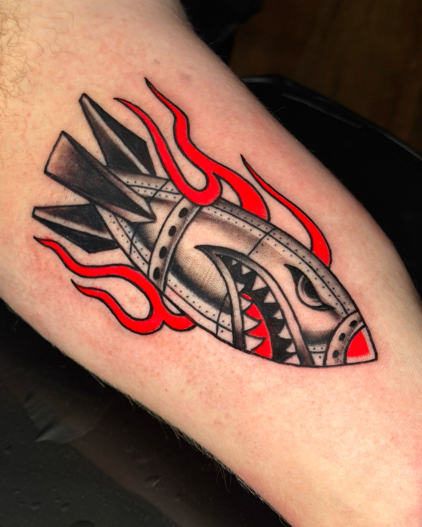 Mechanical shark American traditional tattoo on the forearm by R e N O T