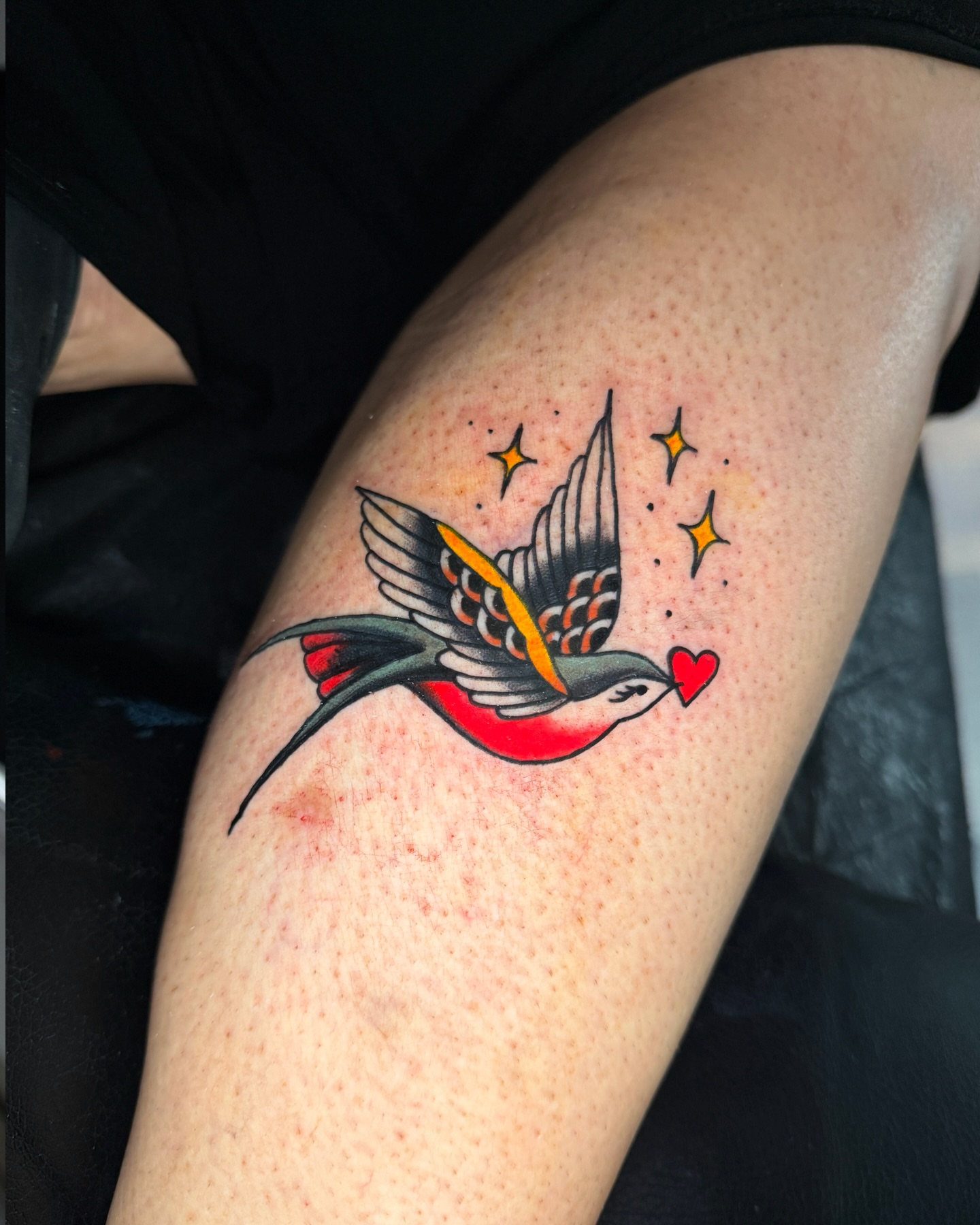 Bird with heart American traditional tattoo on the thigh by R e N O T