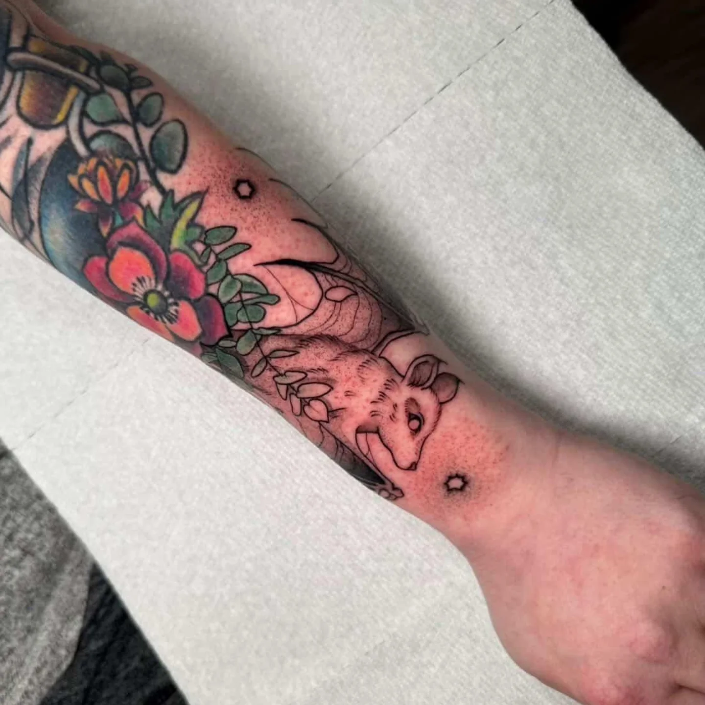 Possum and flowers American traditional tattoo on the forearm by Tatum