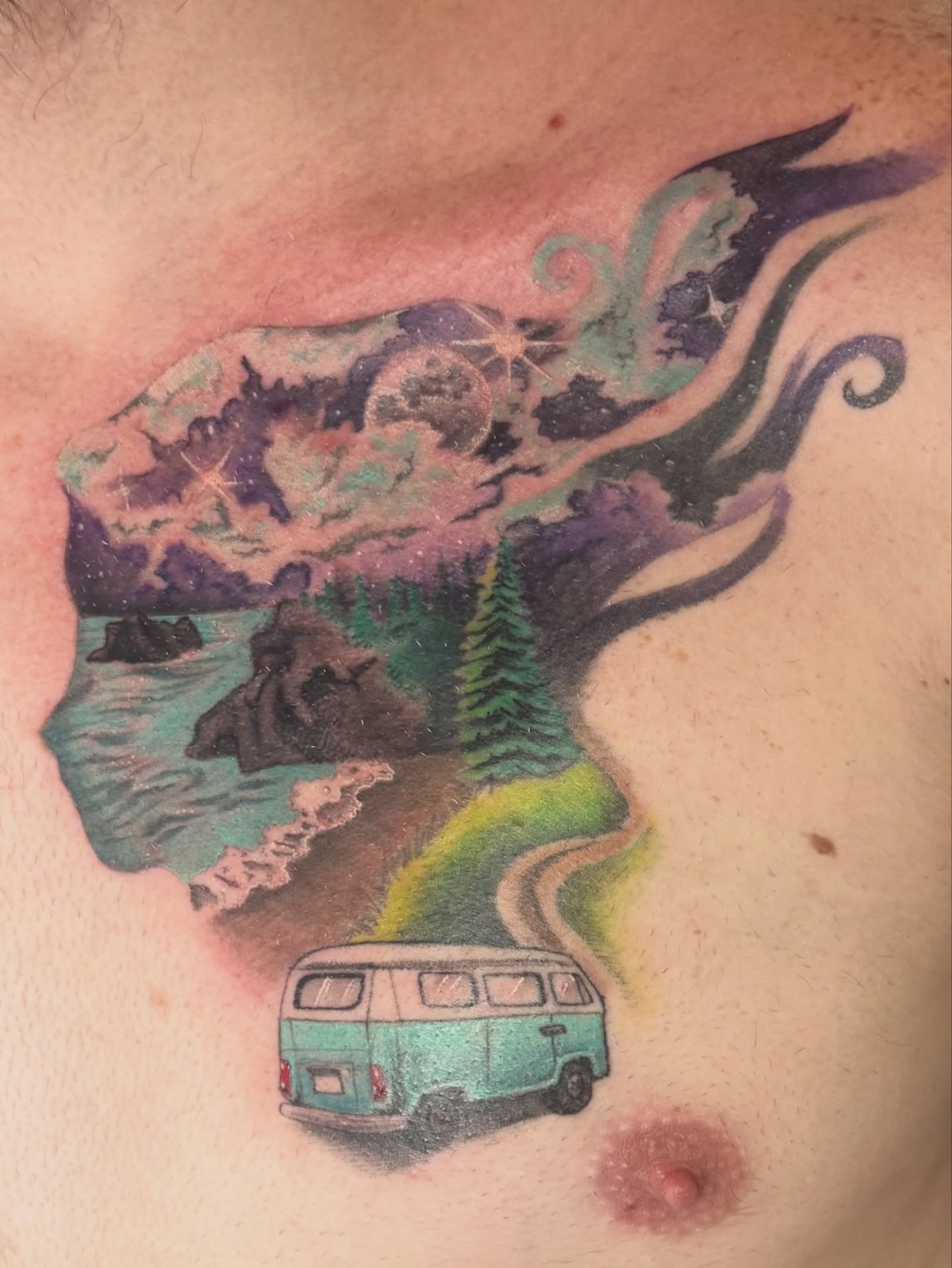 Campervan and forest landscape illustrative tattoo on the chest by Teagan Rachel, Millcreek, Utah