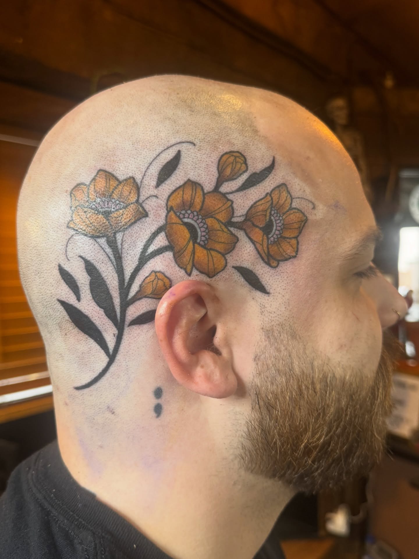Flowers dotwork tattoo on the head by Teagan Rachel, Millcreek, Utah