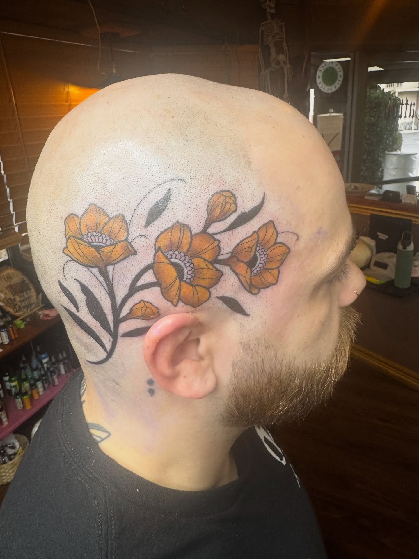 Flowers dotwork tattoo on the head by Teagan Rachel, Millcreek, Utah