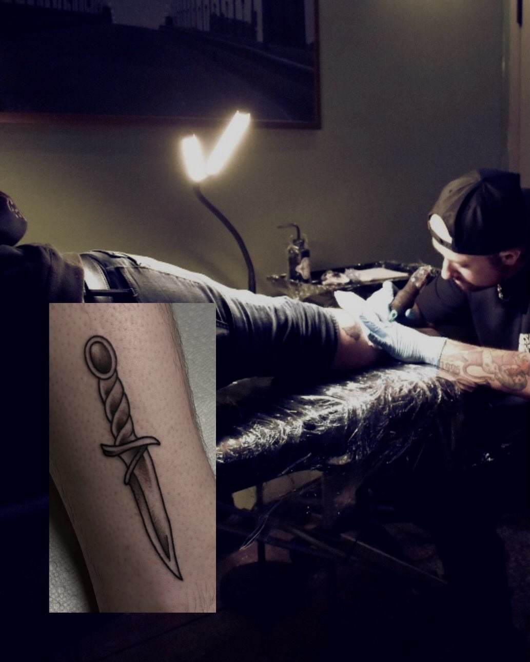 Knife black and grey tattoo on the forearm by Dyllan Shipley