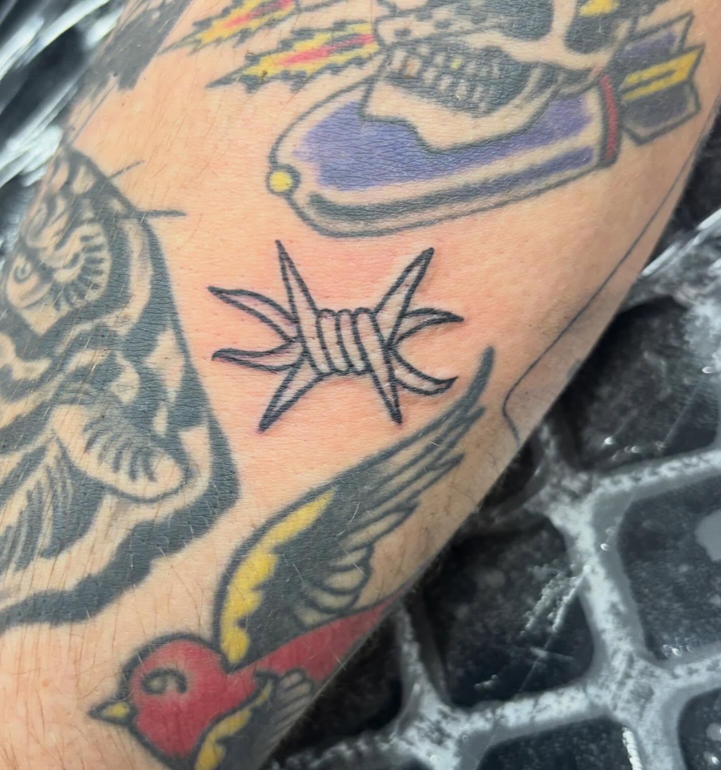 Barbed wire American traditional tattoo on the forearm by Natalie Opal🪻🍎🫖