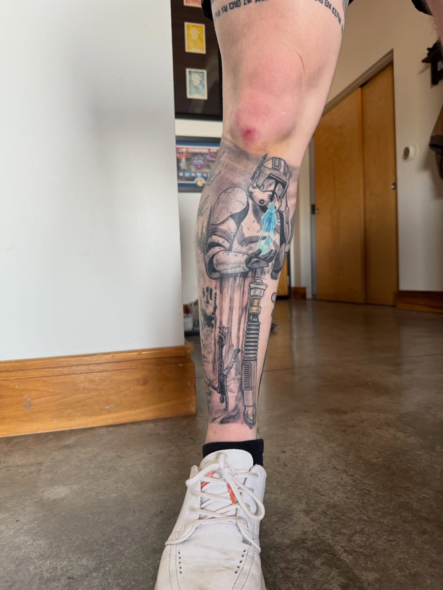 Boba fett black and grey tattoo on the calf by steven