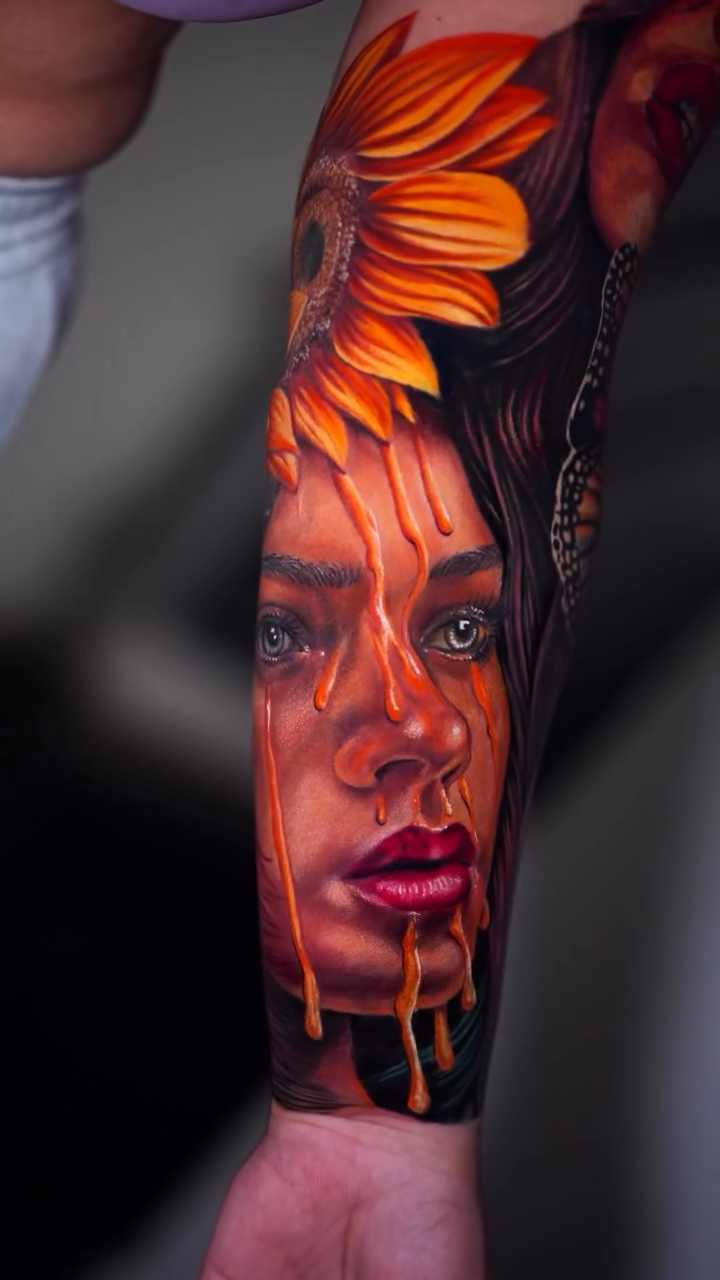 Woman with sunflower realism tattoo by Yasmani ramirez