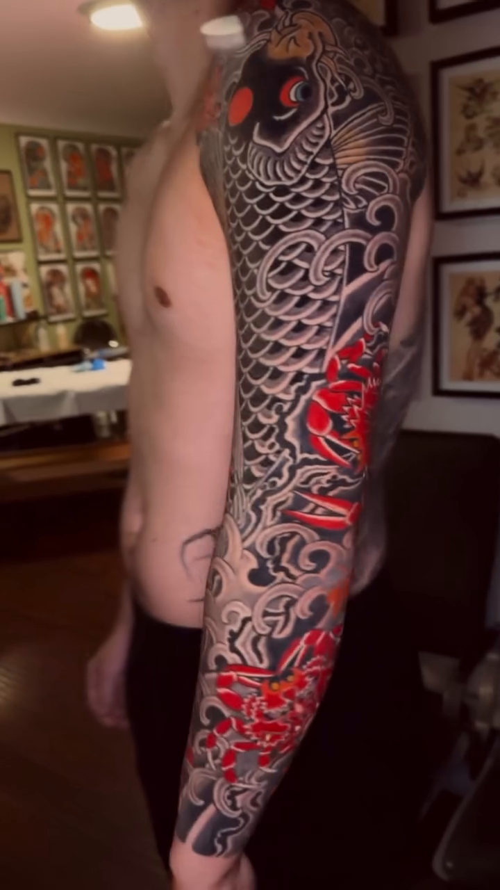 Koi fish and dragon sleeve japanese irezumi tattoo by Kenny Waizumi ๐