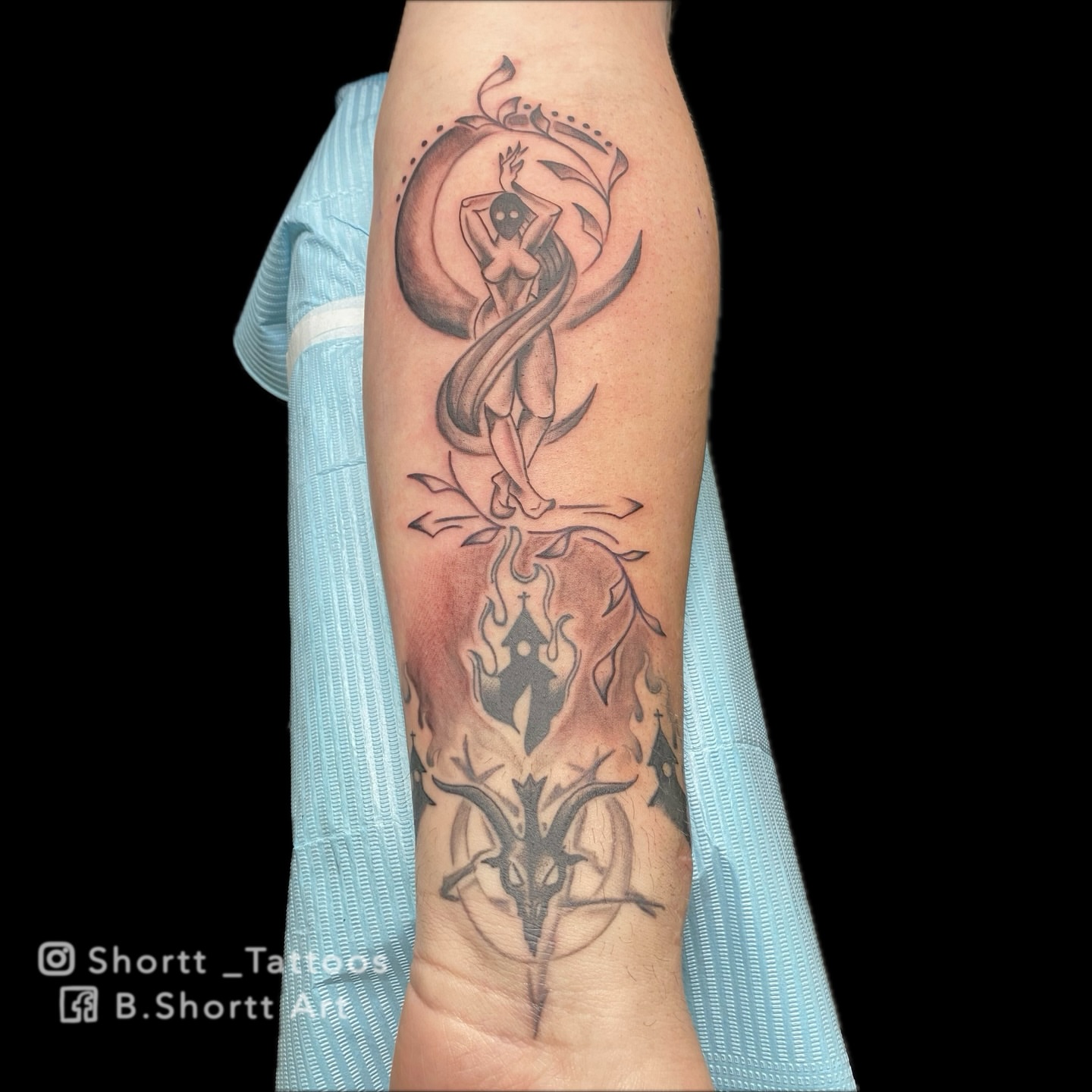 Dancer and cross neo-traditional tattoo on the forearm by Brie Marie