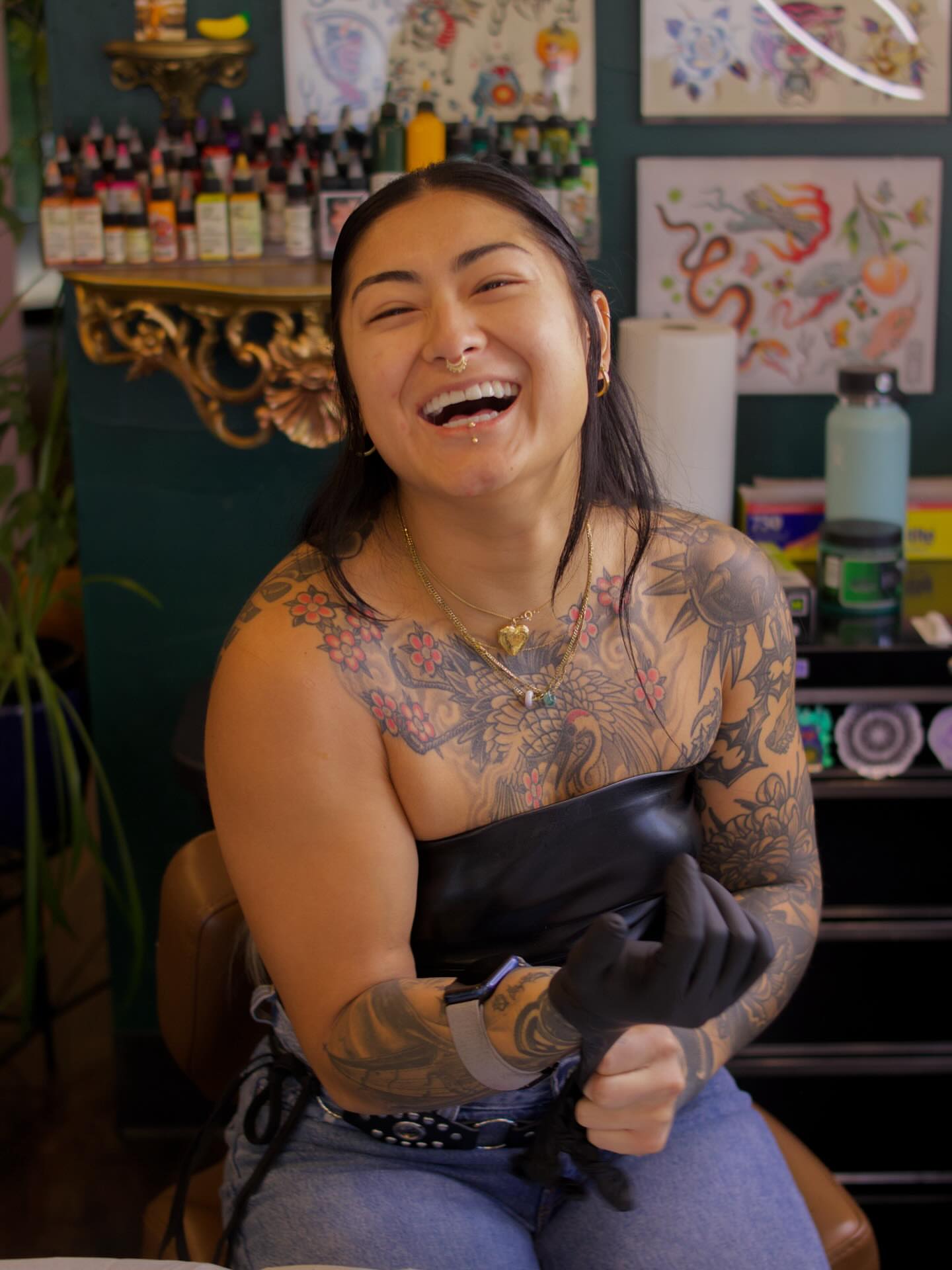 Floral dragon American traditional tattoo on the torso by Vic Merkley